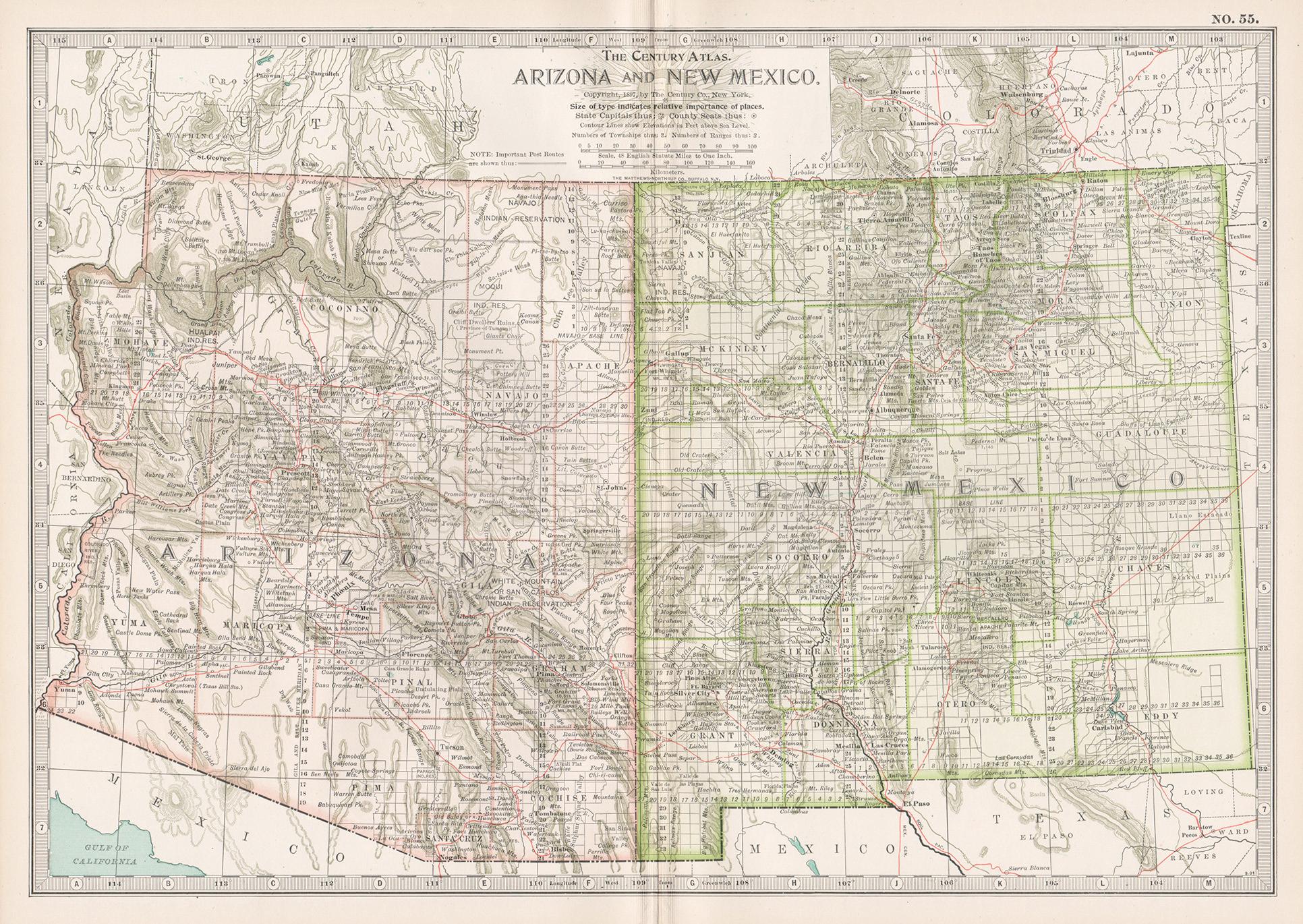 Unknown Print - Arizona and New Mexico. USA. Century Atlas state antique vintage map