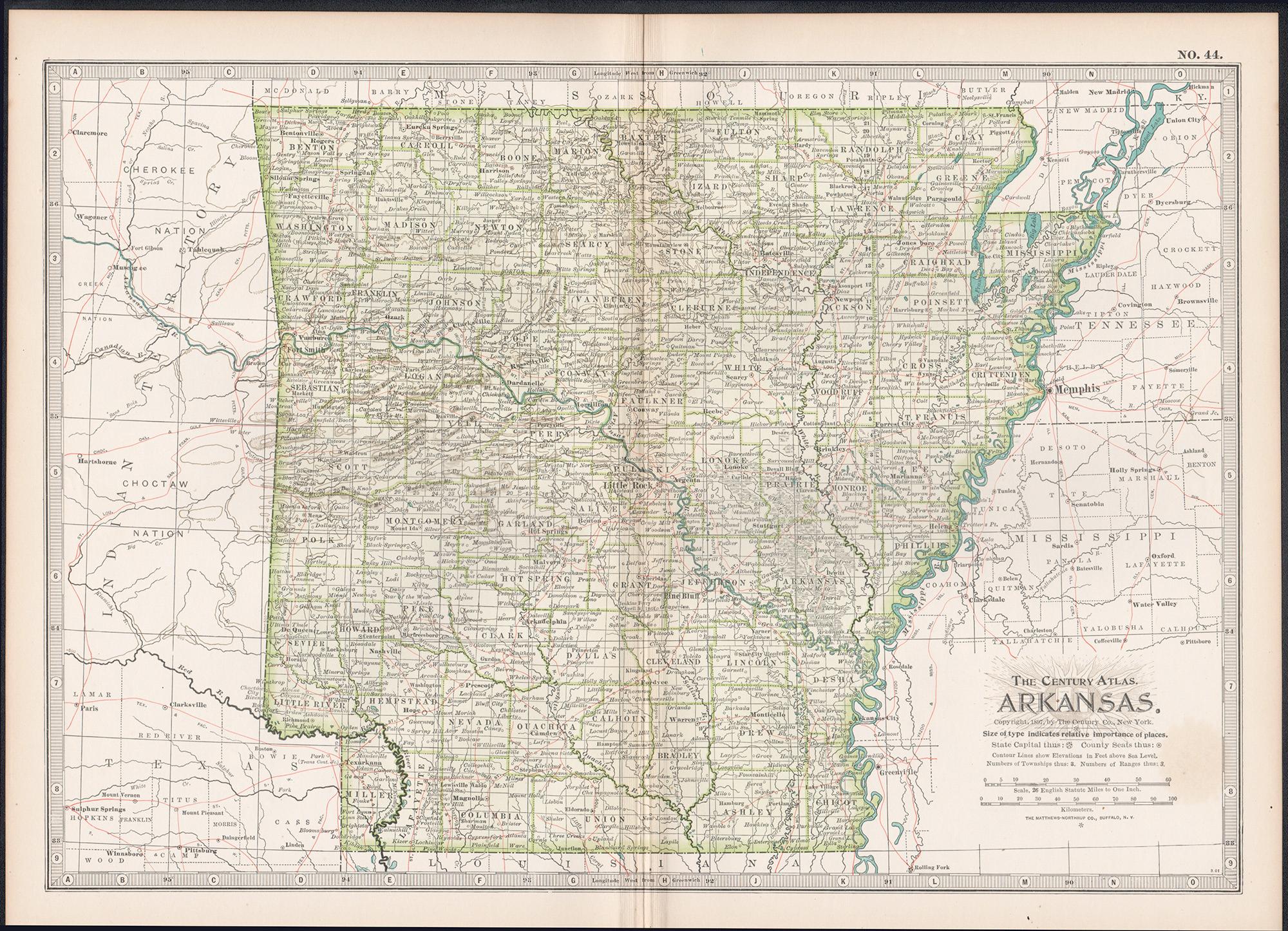 Arkansas. USA. Century Atlas state antique vintage map - Print by Unknown