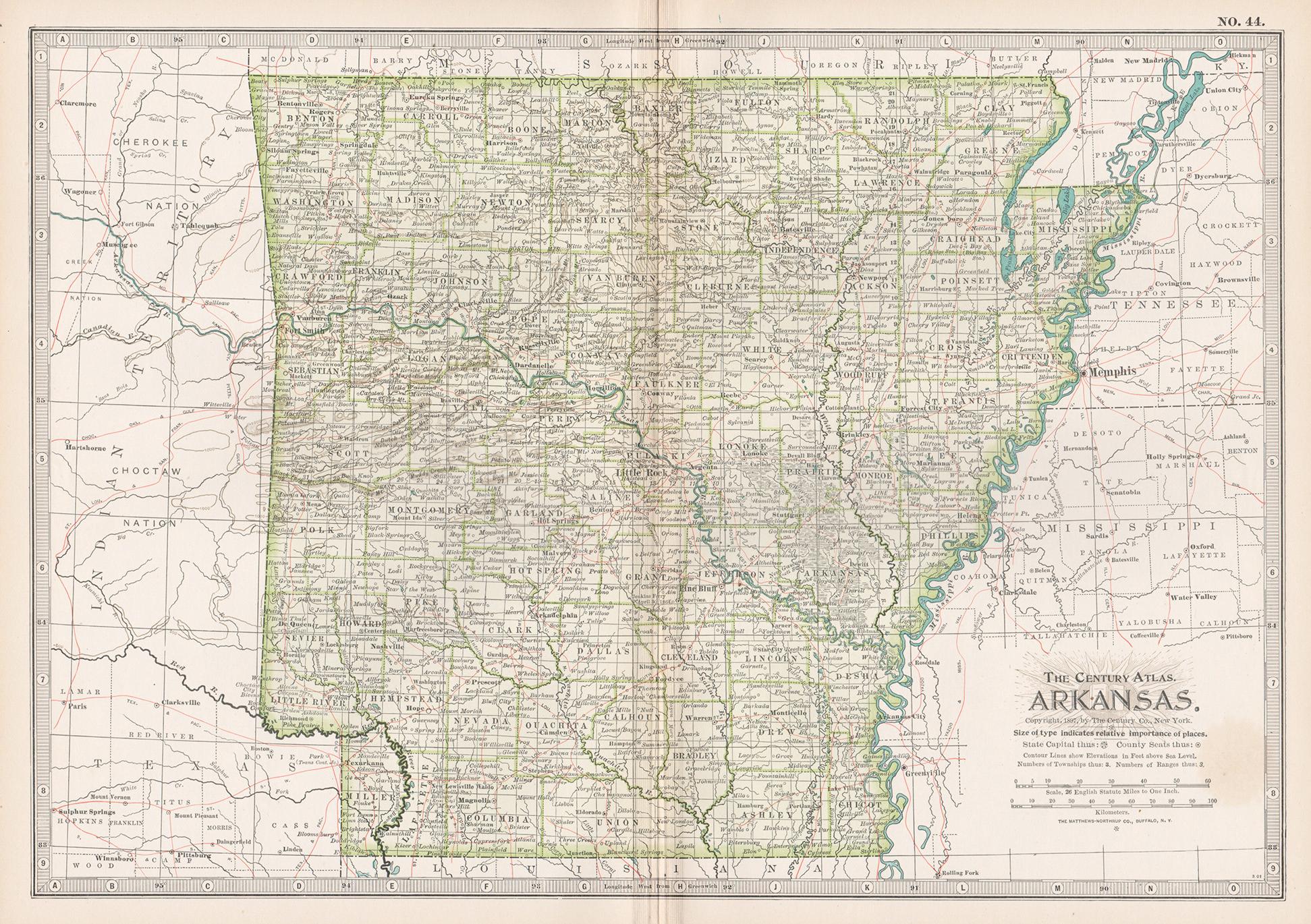 Print di Unknown - Arkansas. USA. Atlante di stato Century Atlas antica mappa d'epoca