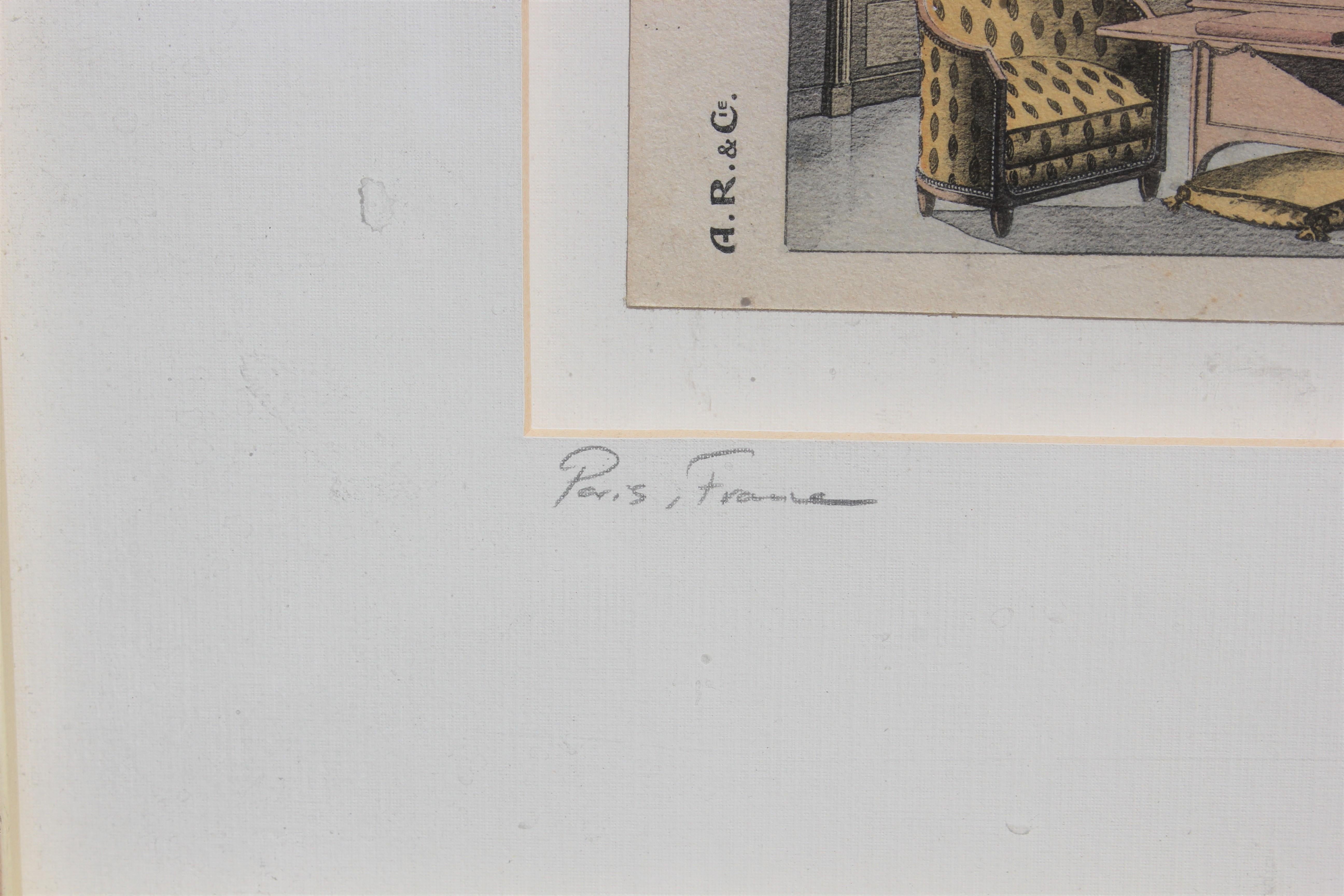 A. R. & Cie. Katalog aus den 1920er Jahren. Modernes Art-Deco-Möbel-Setup nummeriert Tafel 17. Unten links signiert Paris, Frankreich und unten rechts datiert.
Abmessungen ohne Rahmen: H 4,5 in. x B 8 in.