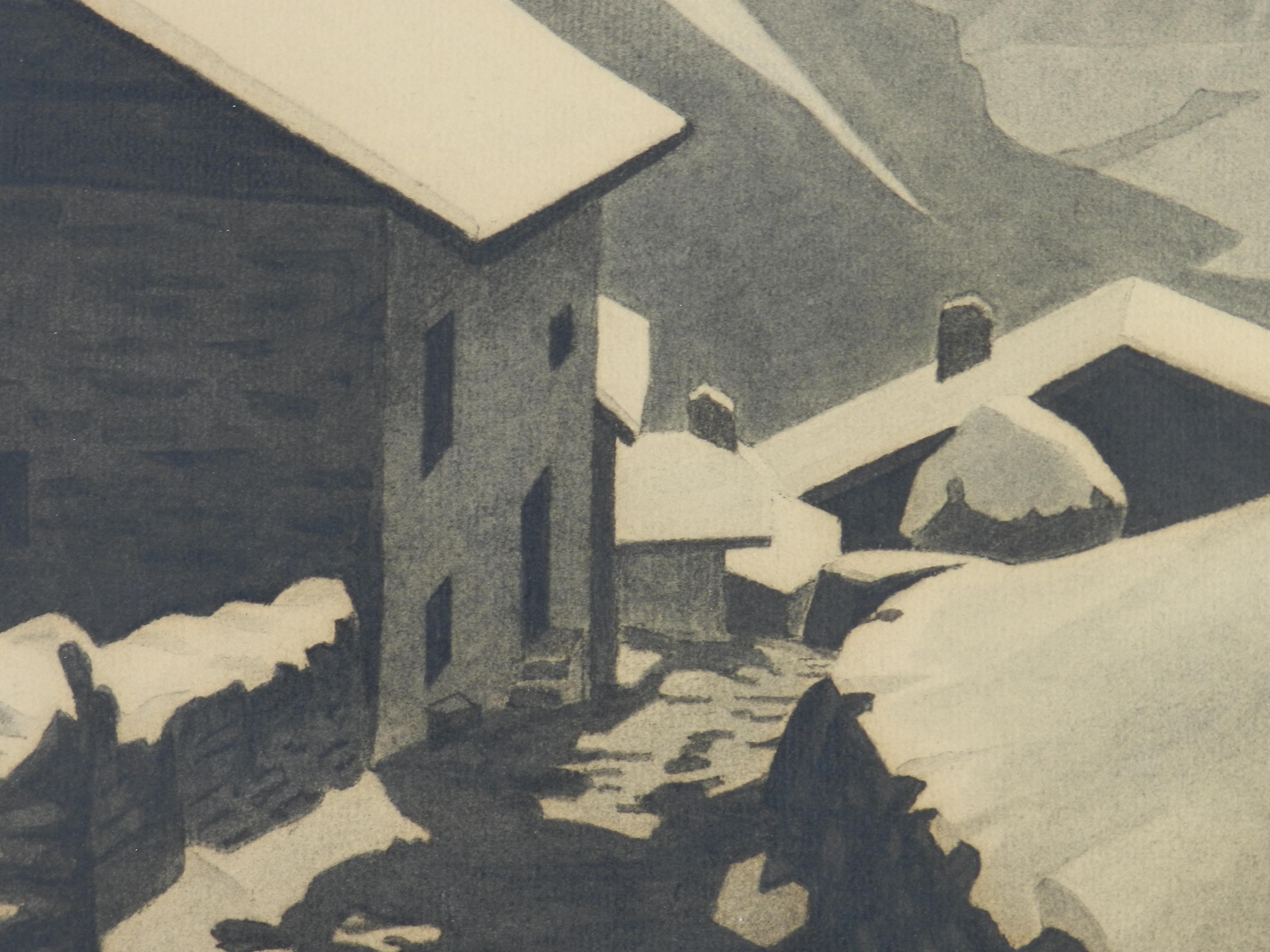 Art Deco Mountain Snow Scene Signed Gisele Berne de Geavisie c1933 2