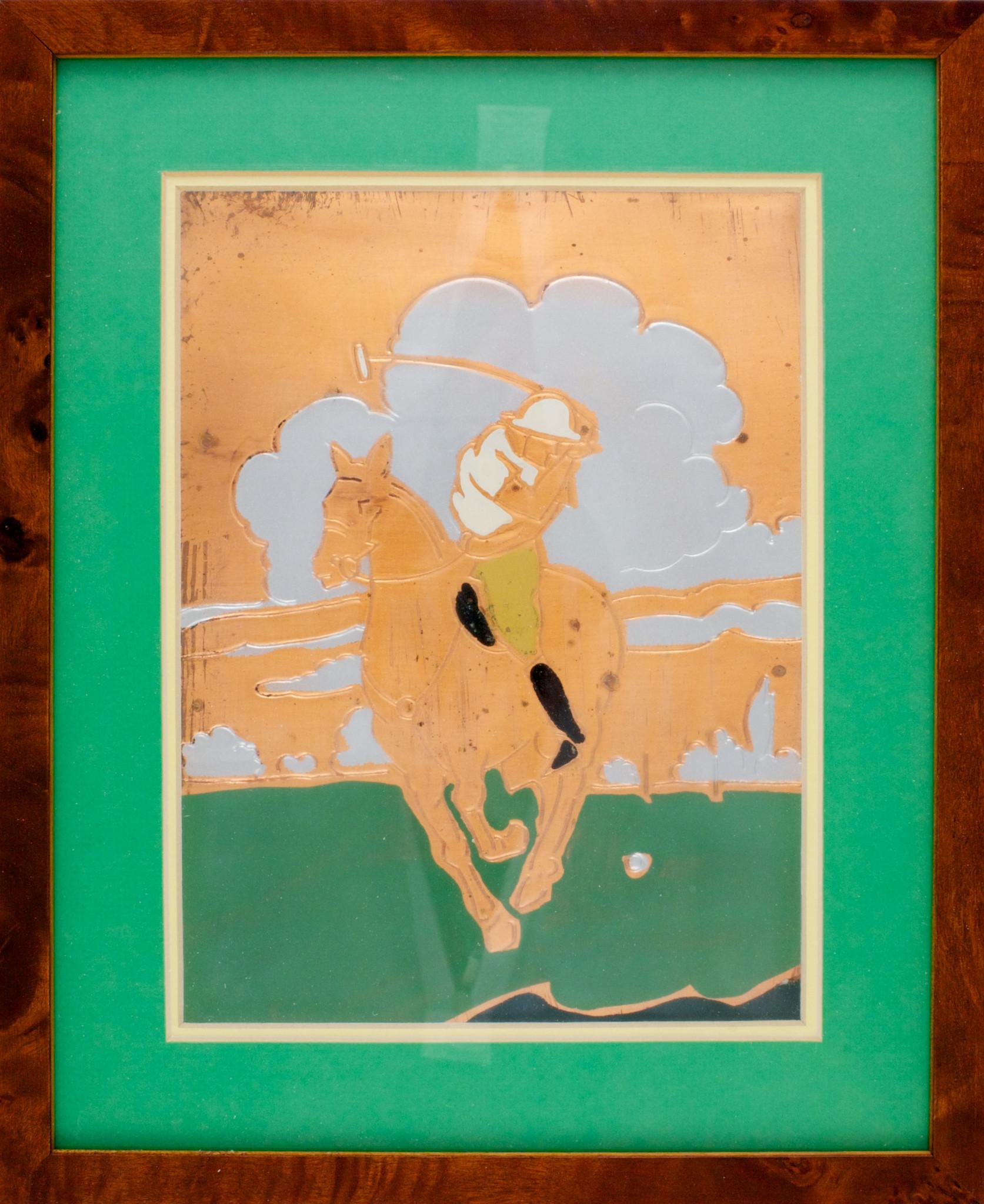 Gerahmter Kupferteller „Art déco-Polospieler“ um 1930 – Print von Unknown