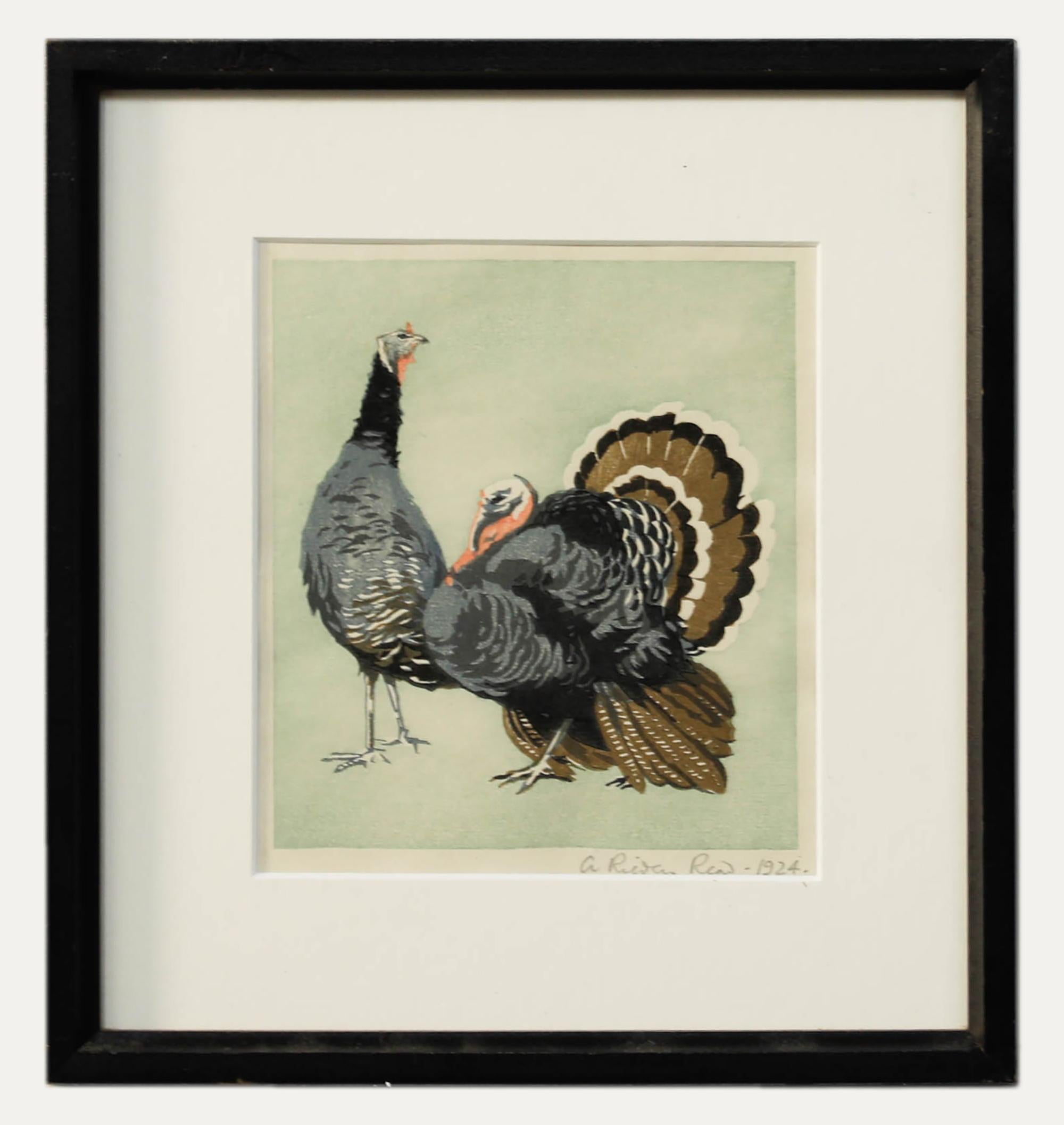 Unknown Animal Print - Arthur Rigden Read (1879-1955) - 1924 Woodcut, A Couple of Turkeys
