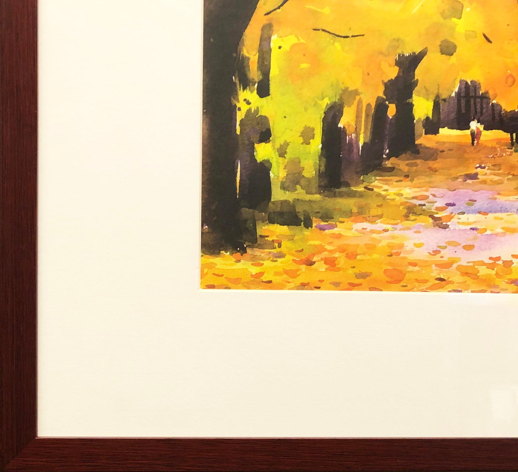 Framed in a cherry wood frame with a front profile of 3/4 inch and a side profile of 1 1/4 inch. The piece is seated behind a 3 inch mat.
 
 Paper Size: 17.25 x 21 inches ( 44 x 53 cm )
 Image Size: 9 x 12.5 inches ( 23 x 32 cm )
 Framed: Yes
 Frame