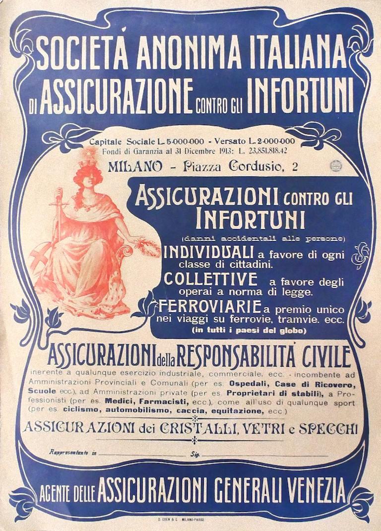 Unknown Figurative Print – Assicurazioni Generali – Vintage- Offsetplakat auf Karton, 20. Jahrhundert