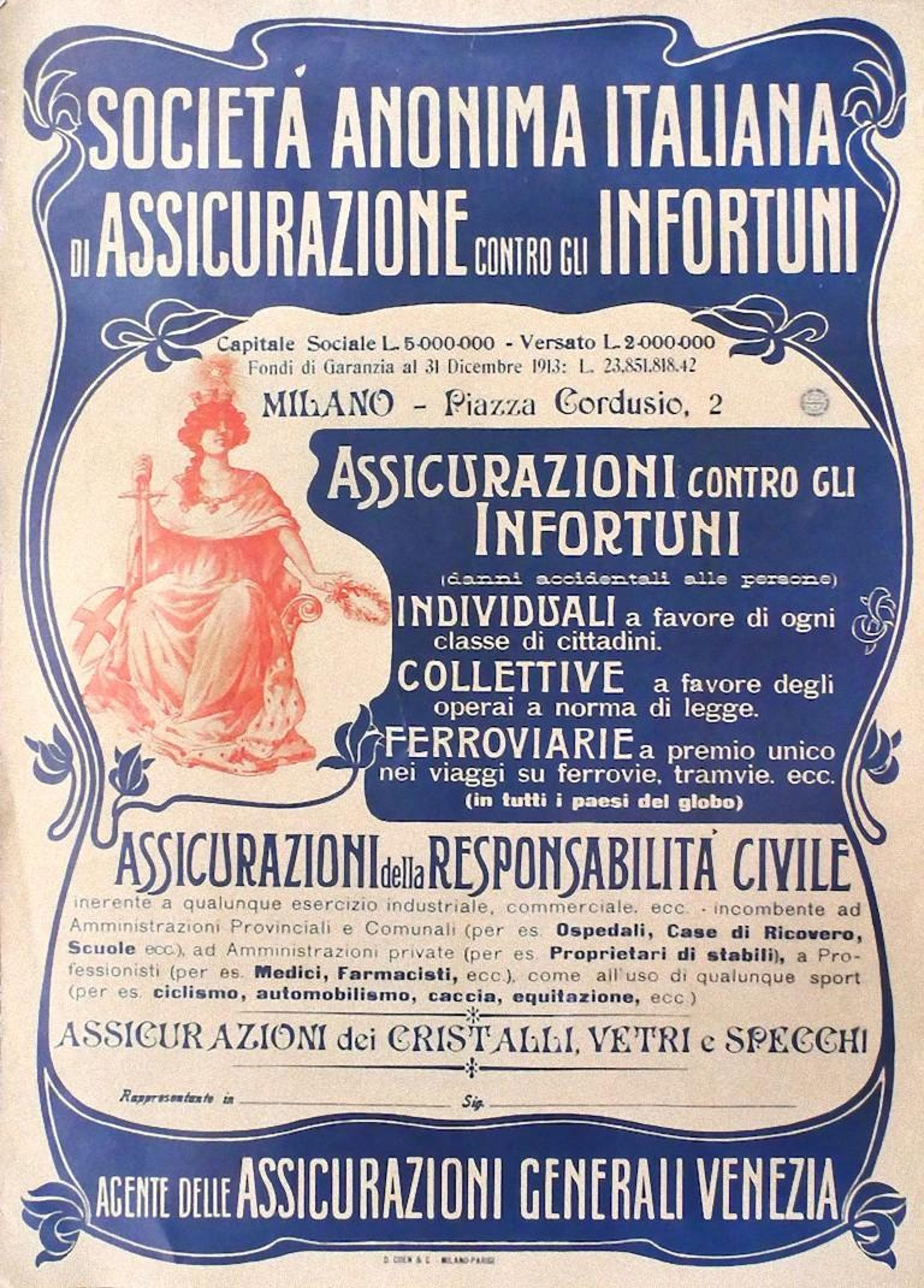 Unknown - Assicurazioni Generali - Vintage Offset Poster on Cardboard -  20th Century For Sale at 1stDibs
