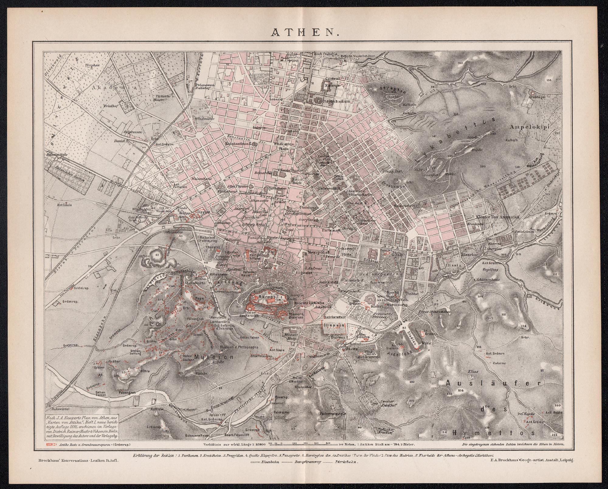 Athènes, Grèce. Carte ancienne Plan de ville Chromolithographie, circa 1895 - Print de Unknown
