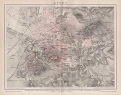 Athènes, Grèce. Carte ancienne Plan de ville Chromolithographie, circa 1895