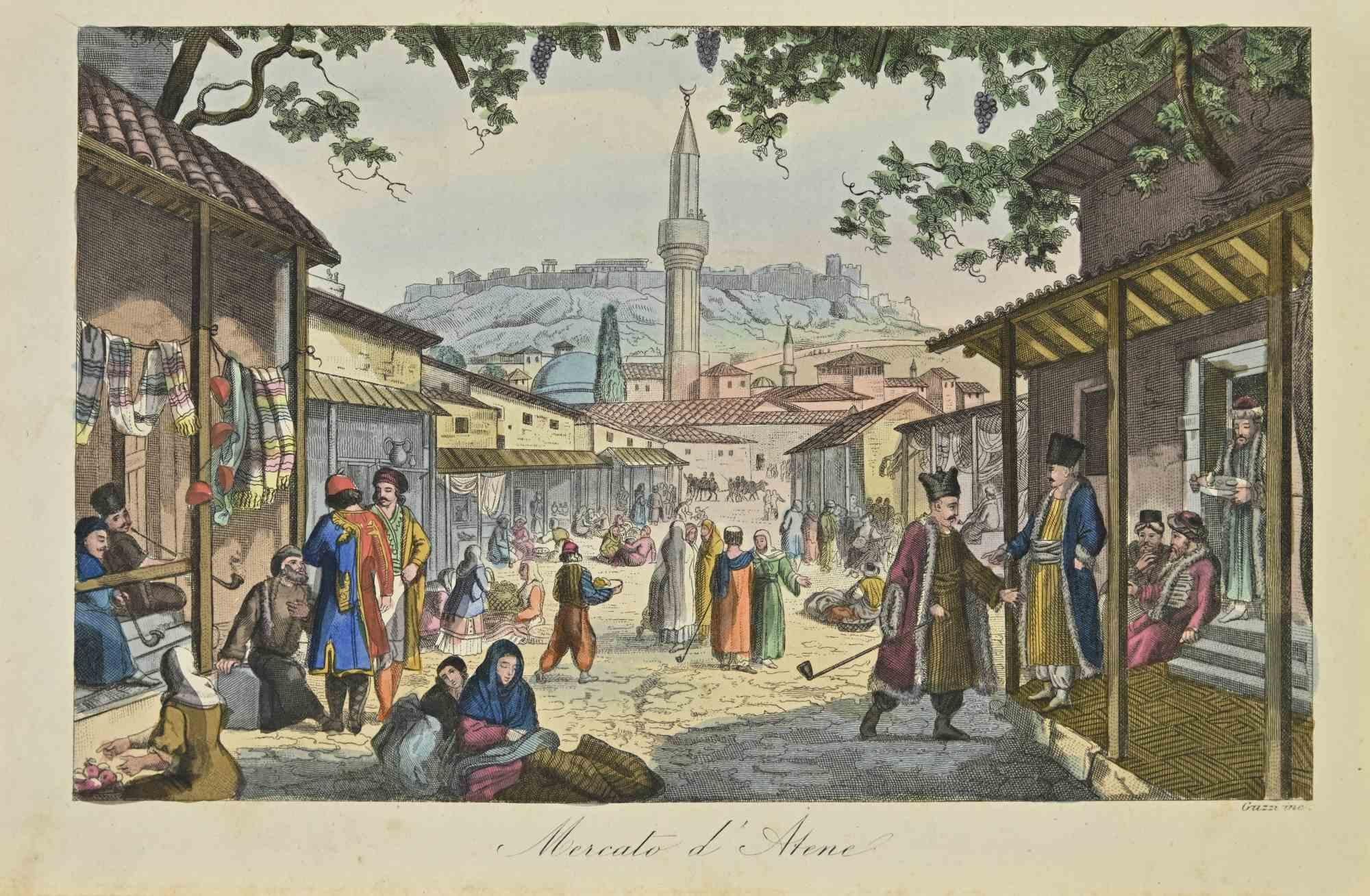 Unknown Figurative Print - Athens Market - Lithograph - 1862