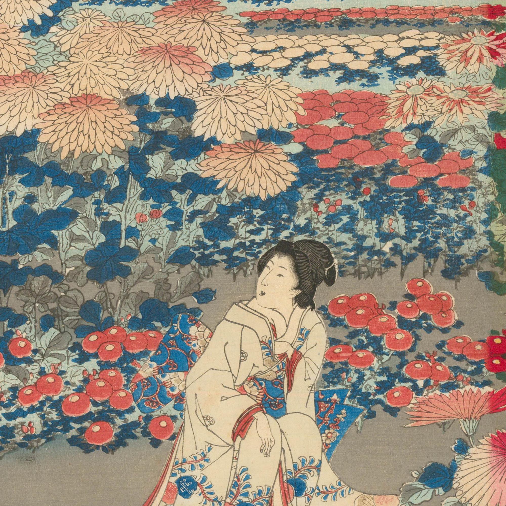 Atrib. Hashimoto Naoyoshi (1838-1912) - Gravure sur bois japonaise, Dans le jardin de fleurs - Beige Portrait Print par Unknown