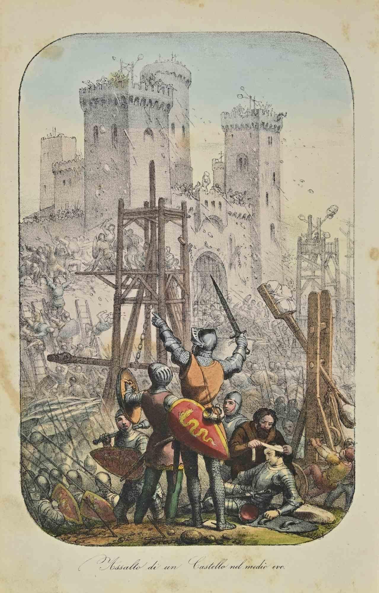 Unknown Figurative Print - Attack of a Castle in the Middle Ages - Lithograph - 1862