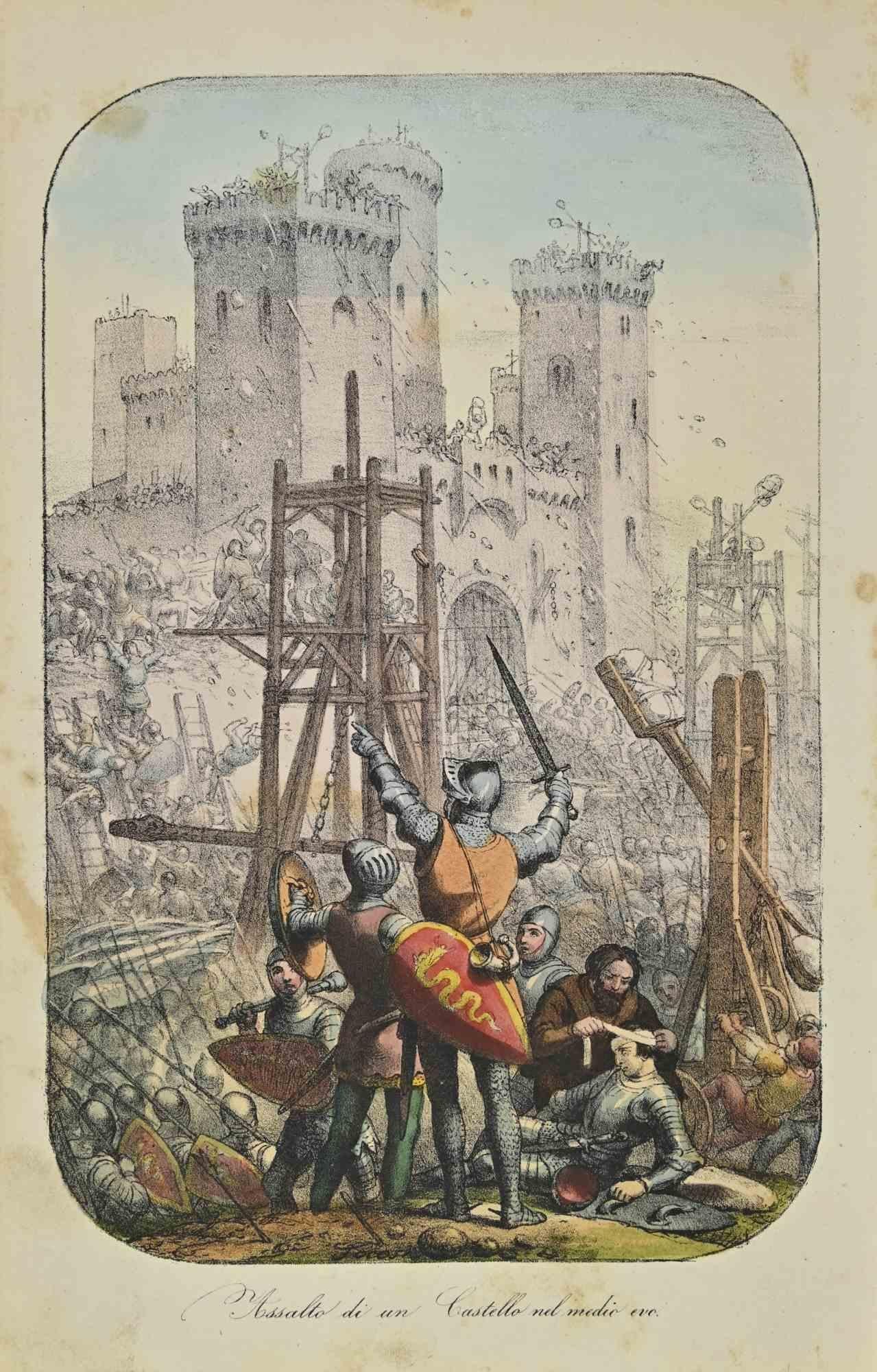 Figurative Print Unknown - L'attaque d'un château au Moyen Âge - Lithographie - 1862