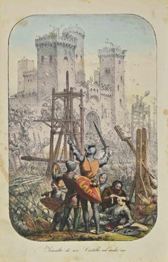 Angriff auf ein Schloss im Mittelalter – Lithographie – 1862