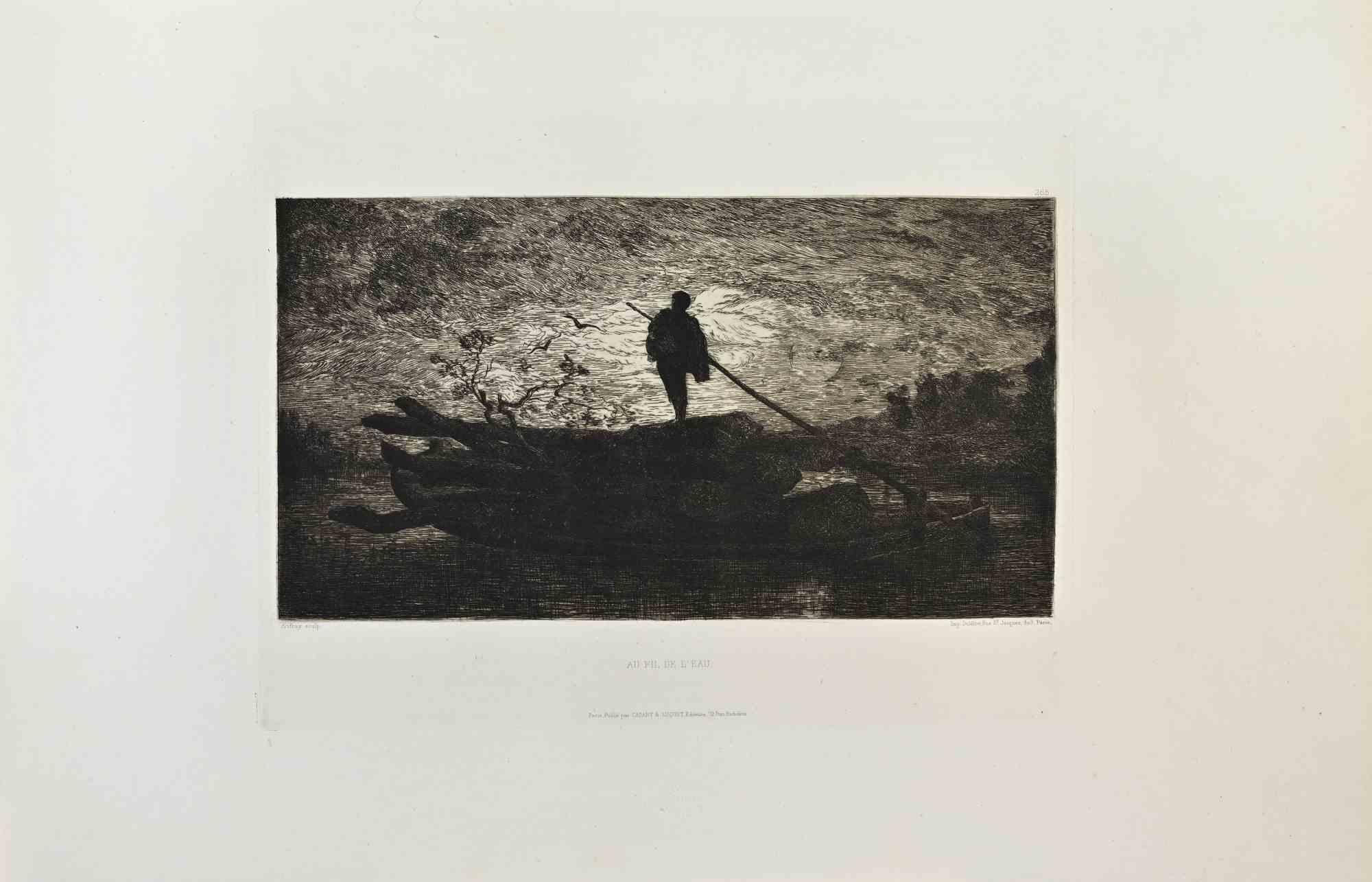 Unknown Landscape Print - Au Fil de l'Eau - Etching by Aufray - 1870s