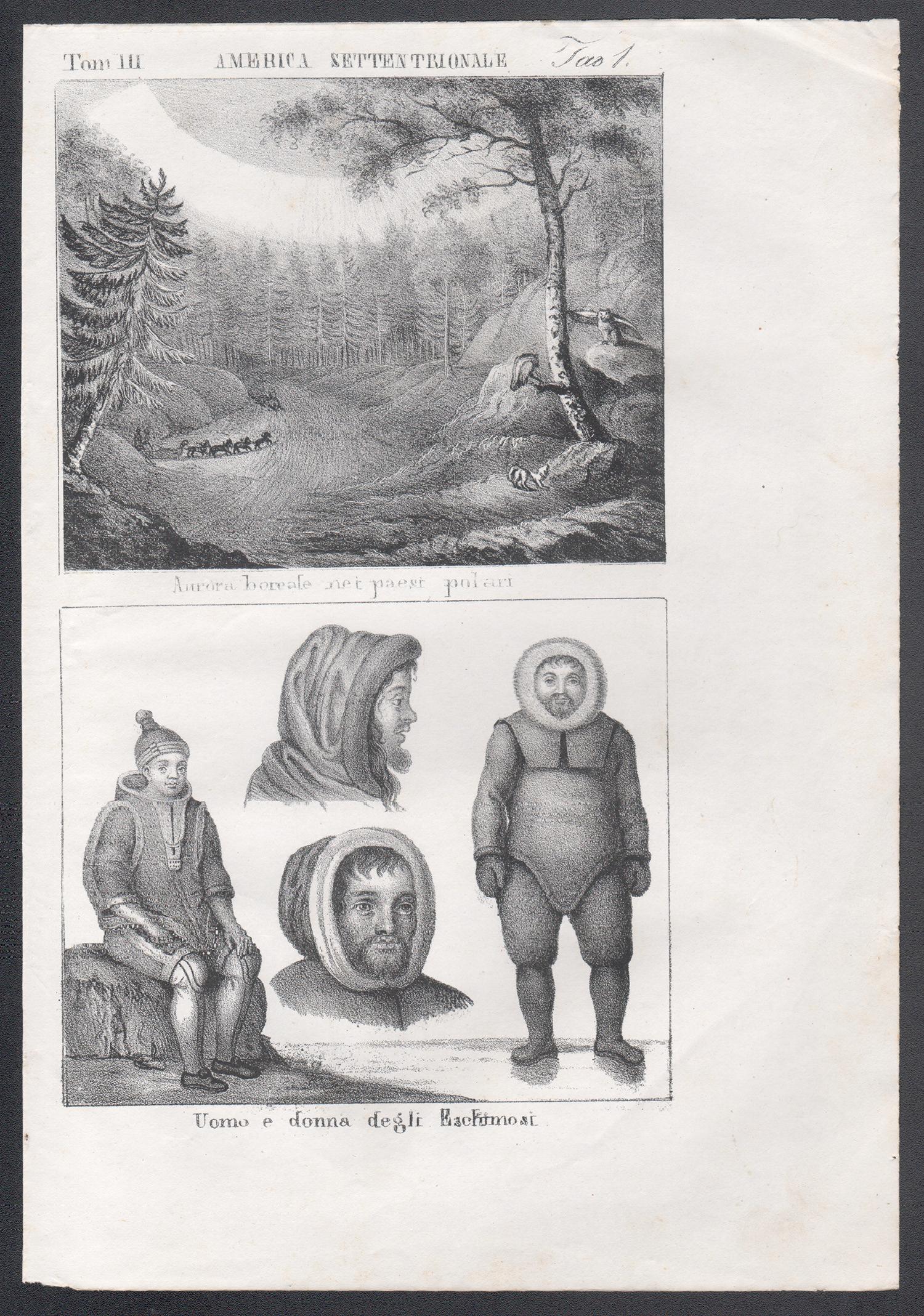 Aurora Borealis et Eskimo, Amérique, lithographie du XIXe siècle. - Print de Unknown