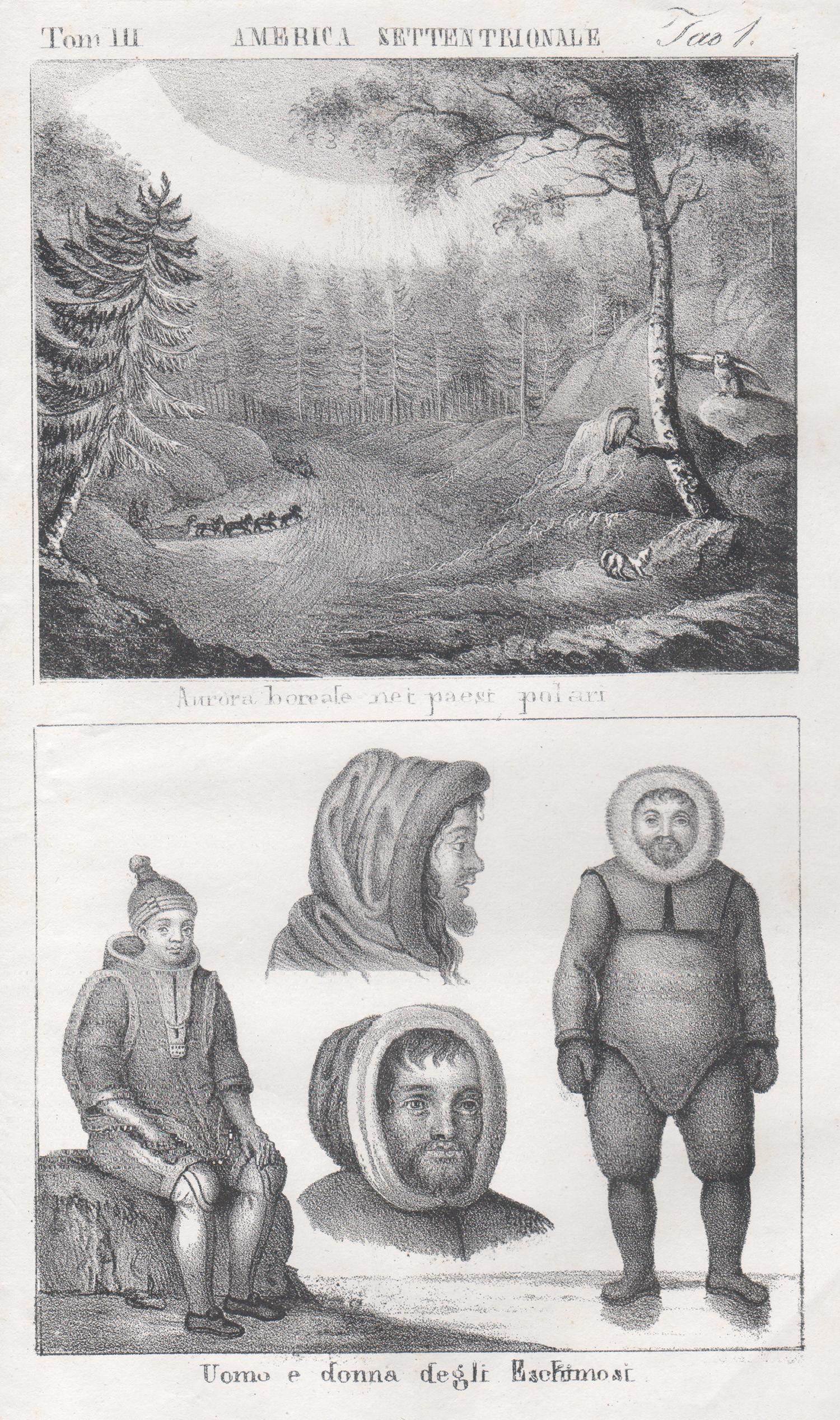 Aurora Borealis and Eskimos, America, 19th century lithograph.