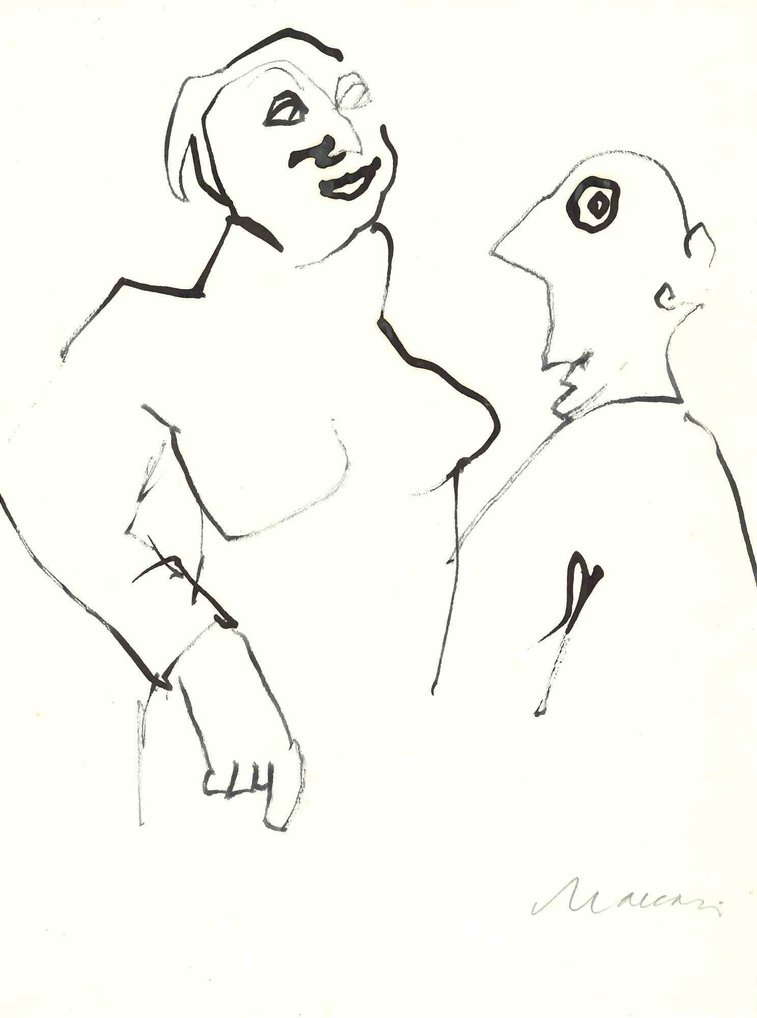Brutte notizie! - Disegno originale su carta di Mino Maccari - Anni '70