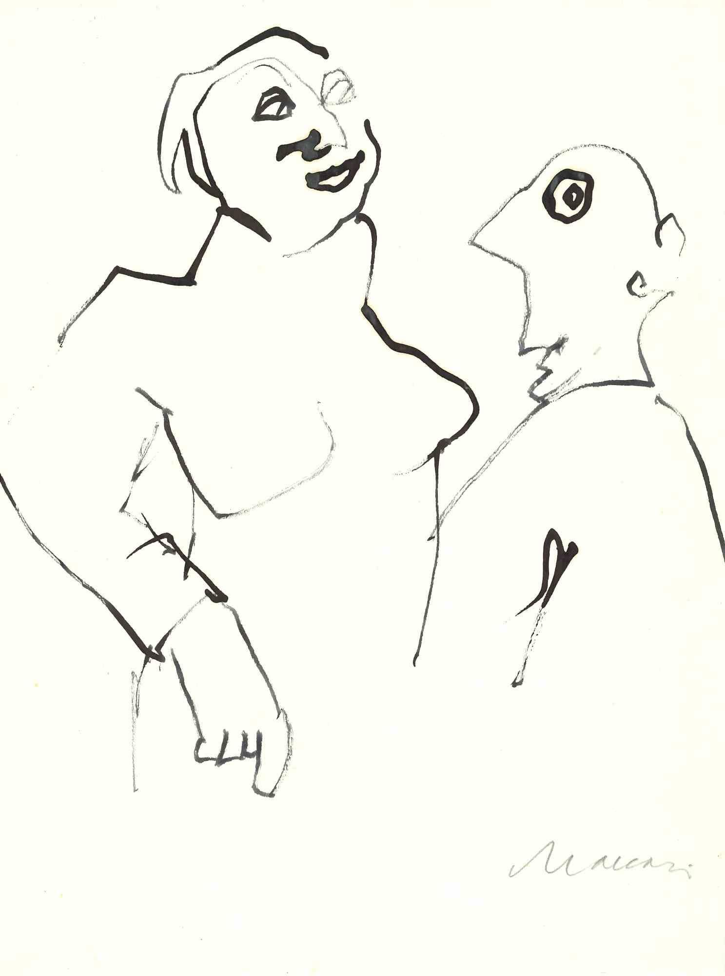 Unknown Figurative Print - Bad News! - Original Drawing on Paper by Mino Maccari - 1970's