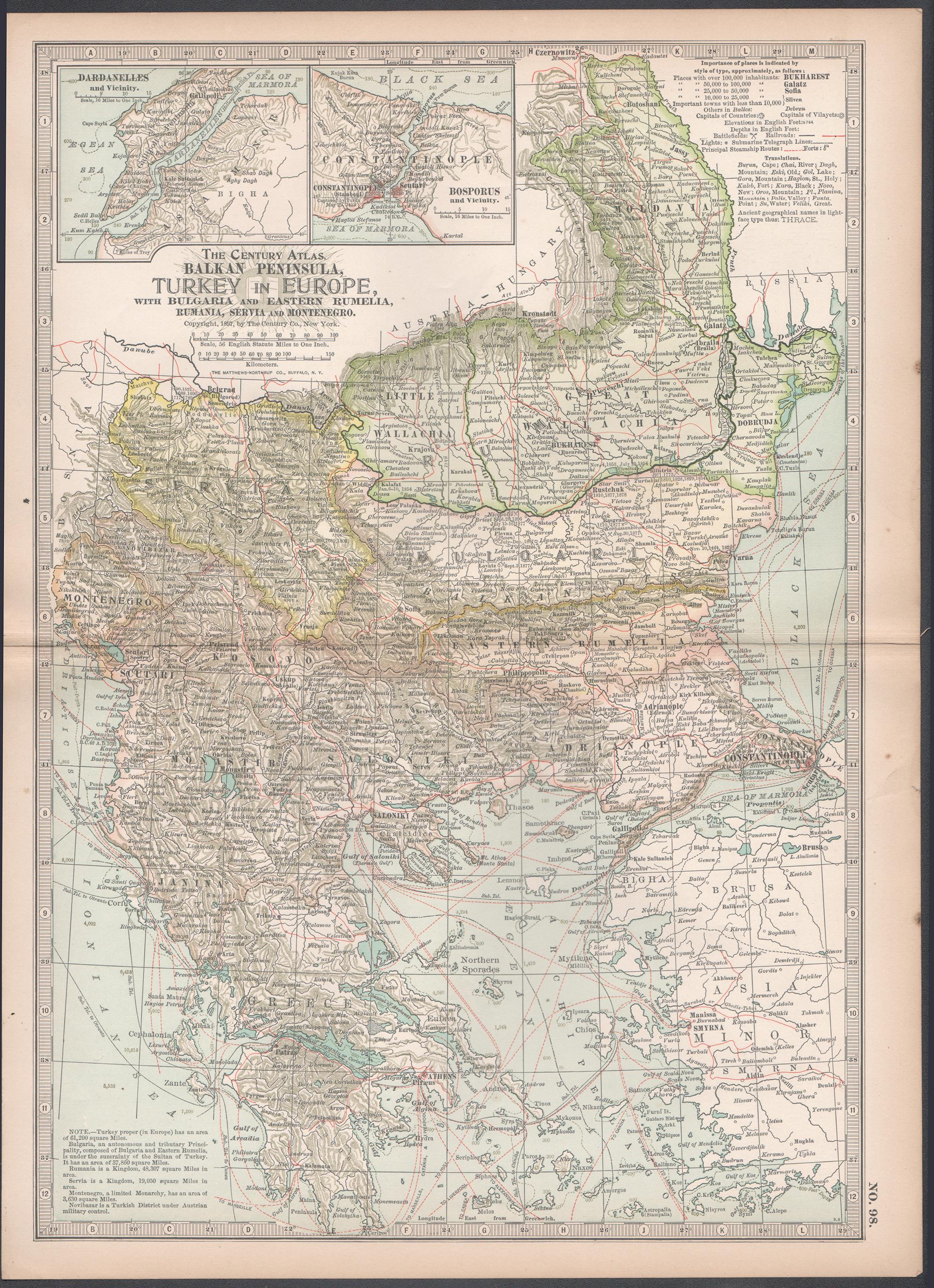 Penisola balcanica, Turchia in Europa. Mappa antica Century Atlas - Print di Unknown