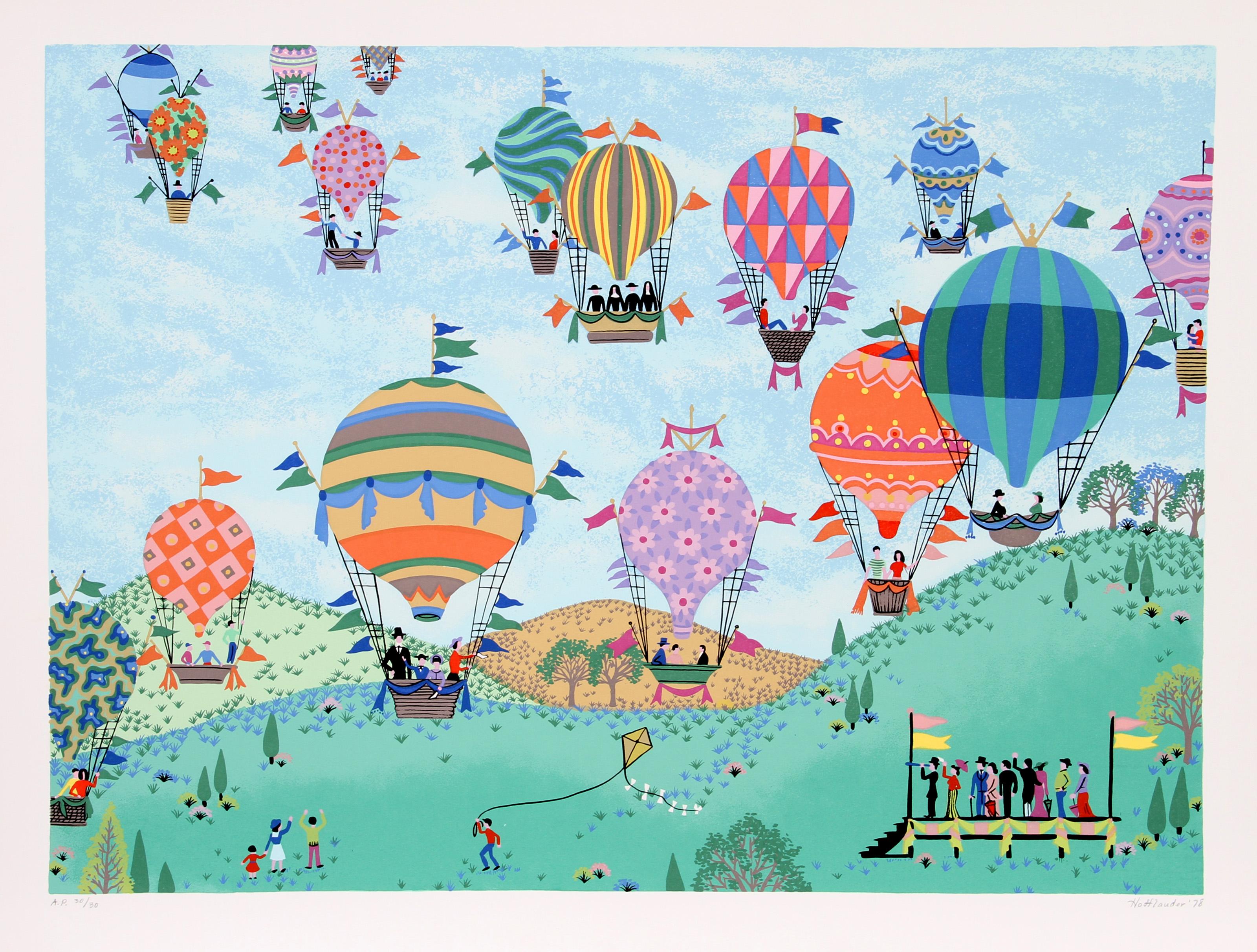 Jack Hofflander, estadounidense (1920 - 2003) - Carrera de globos, Año:  1978, Medio:  Serigrafía, firmada y numerada a lápiz, Edición:  250, AP 25, Tamaño de la imagen:  22 x 30 pulgadas, Tamaño:  66,04 cm x 83,82 cm, Descripción:  Flotando por el
