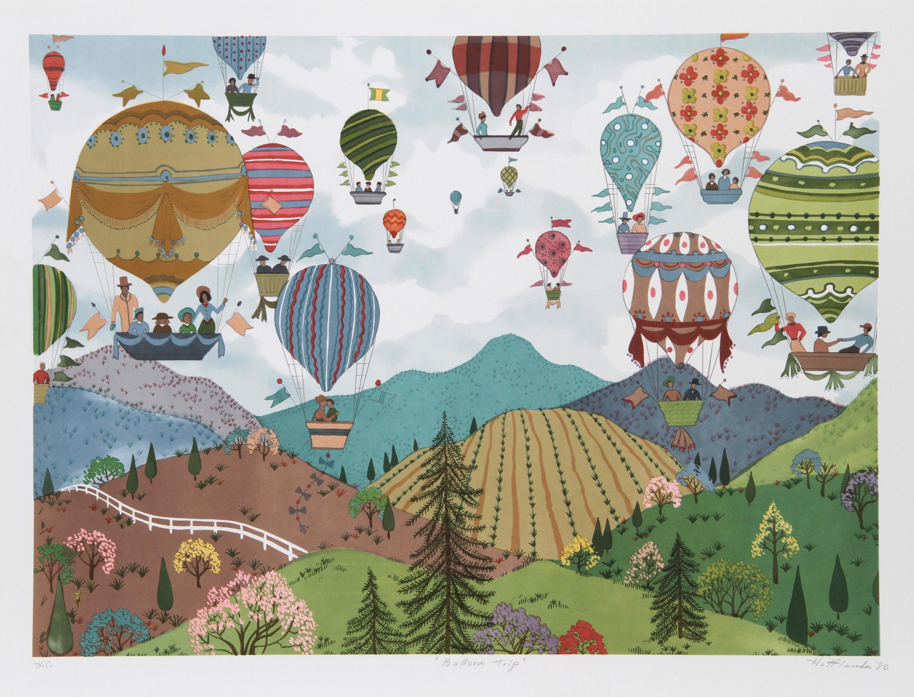 Jack Hofflander, estadounidense (1920 - 2003) - Viajes en globo, Año:  1980, Medio:  Serigrafía, firmada y numerada a lápiz, Edición:  250, HC, Tamaño de la imagen:  19 x 26 pulgadas, Tamaño:  54,61 cm x 71,12 cm, Descripción:  En esta fantástica