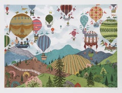 Viaggi in mongolfiera, serigrafia folkloristica di Jack Hofflander