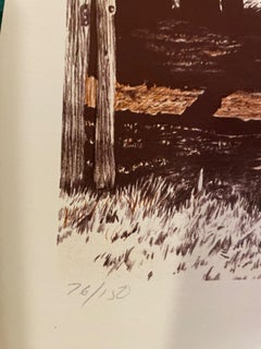 Mid-20th Century Realist Lithograph of Barn and Wagonwheel, Signed