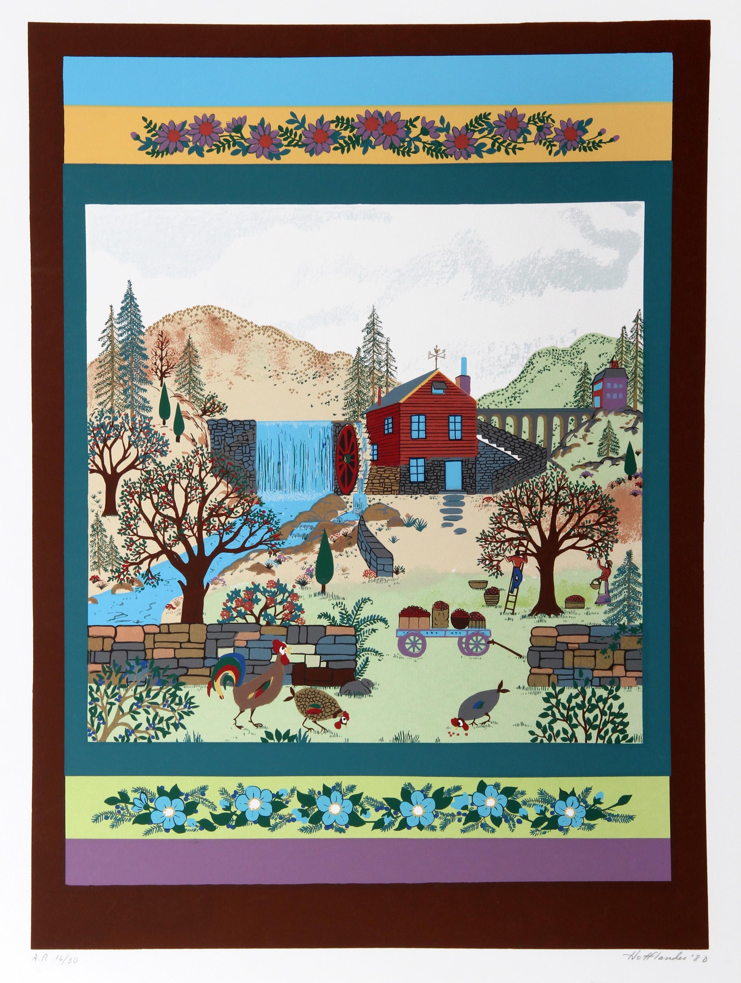 Jack Hofflander, estadounidense (1920 - 2003) - Corral I, Año:  1980, Medio:  Serigrafía, firmada y numerada a lápiz, Edición:  250, AP 30, Tamaño de la imagen:  30 x 22 pulgadas, Tamaño:  87,63 cm x 66,04 cm, Descripción:  En esta pintoresca