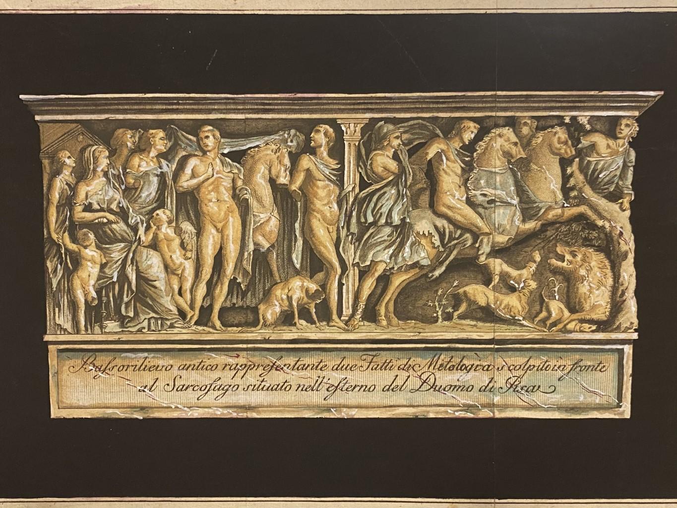 Unknown Figurative Print - Bassorilievo del Sarcofago Romano nel Duomo di Pisa - Original Etching - 1880s