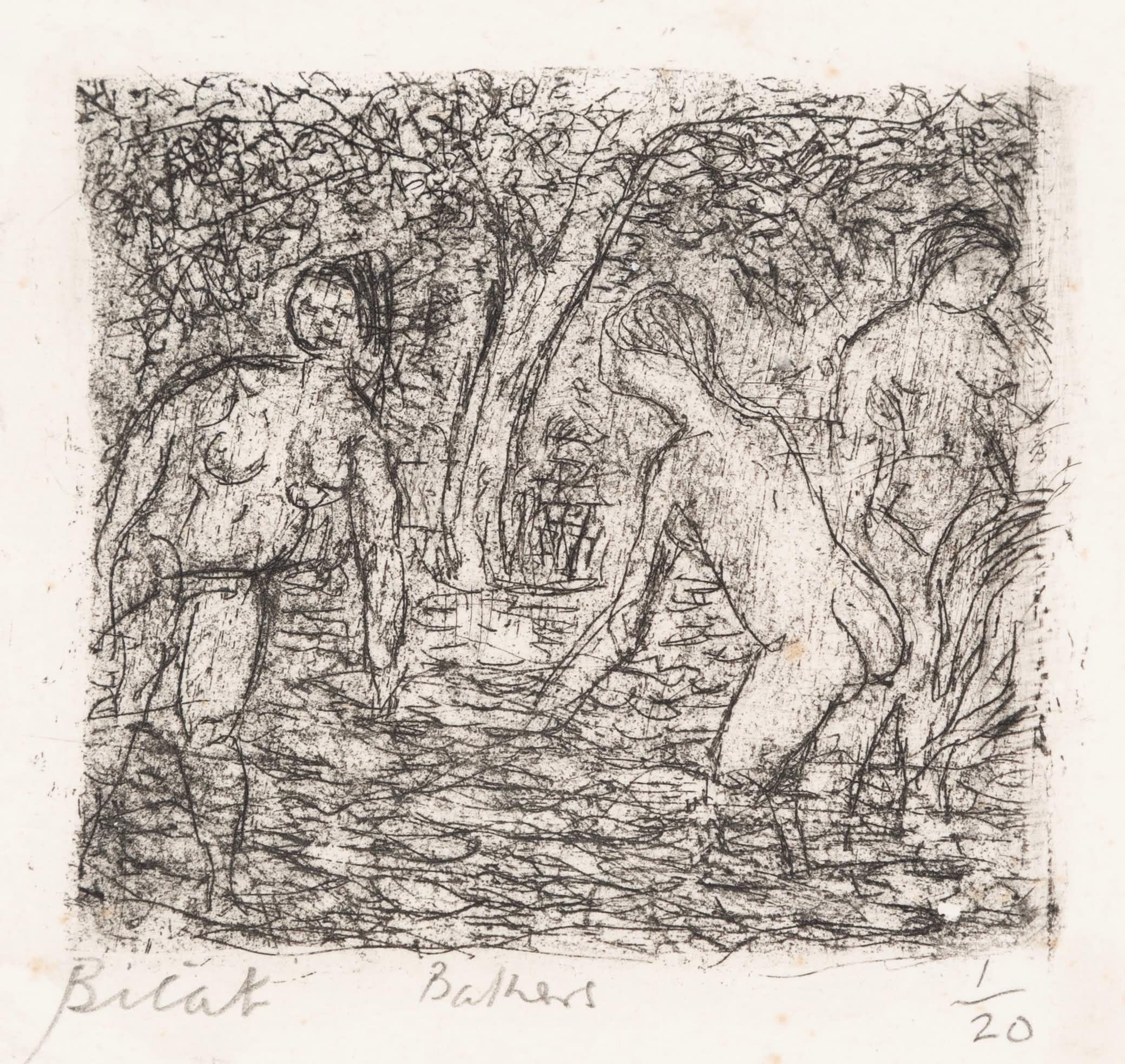 Bagnanti di André Bicât

Informazioni aggiuntive:
Medium: acquaforte, senza cornice
10.5 x 11.5 cm
4 1/8 x 4 1/2 in
firmato, intitolato e numerato a matita

Nato nell'Essex da genitori francesi e anglo-irlandesi, André Bicât è stato un pittore,
