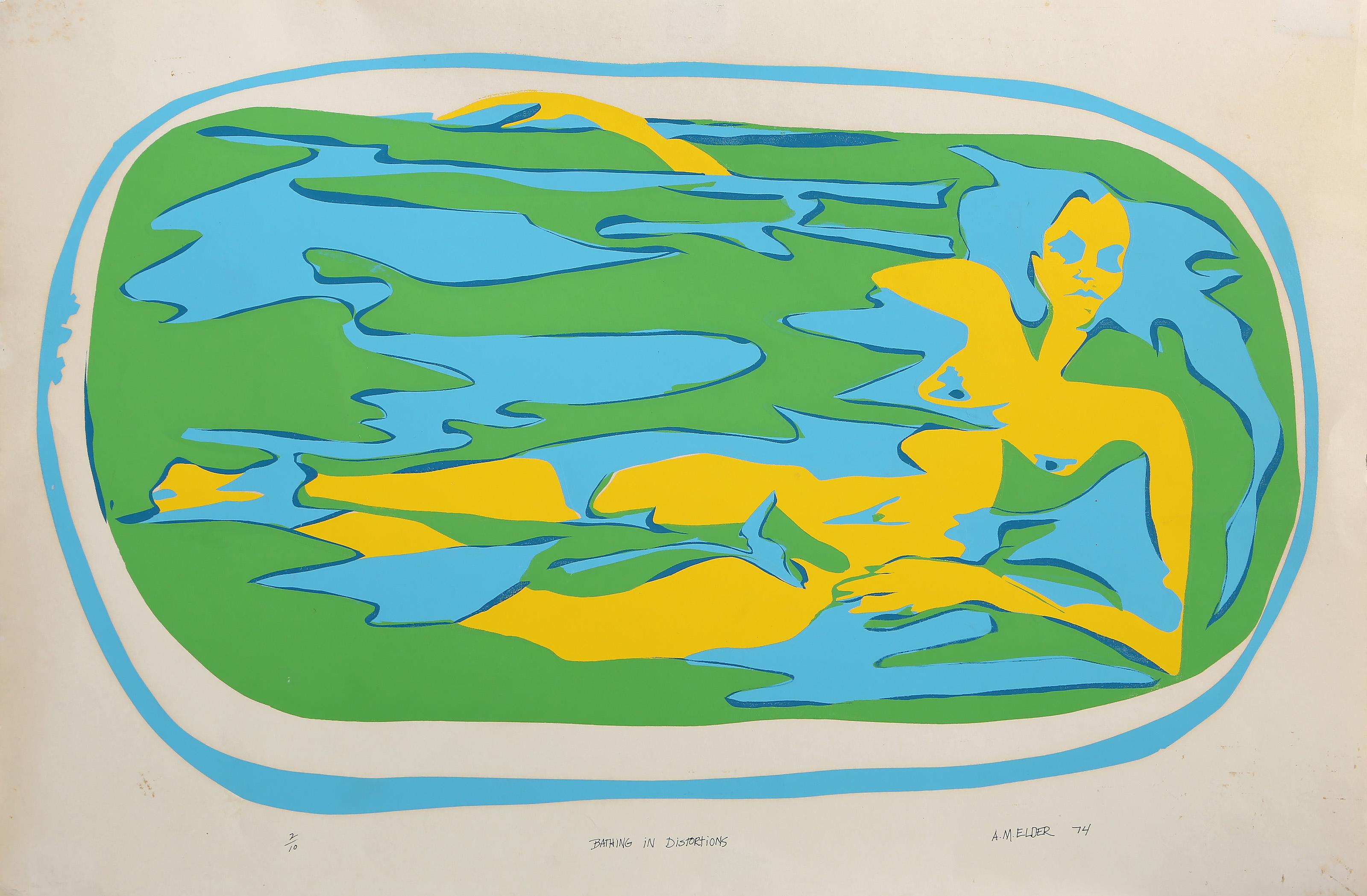  AM Anciano -  Bañarse en distorsiones, Año:  1974, Medio:  Serigrafía, firmada, titulada, numerada y fechada a bolígrafo, Edición:  2/10, Tamaño de la imagen:  14 x 23,5 pulgadas, Tamaño:  17 x 25.25 in. (43.18 x 64.14 cm) 