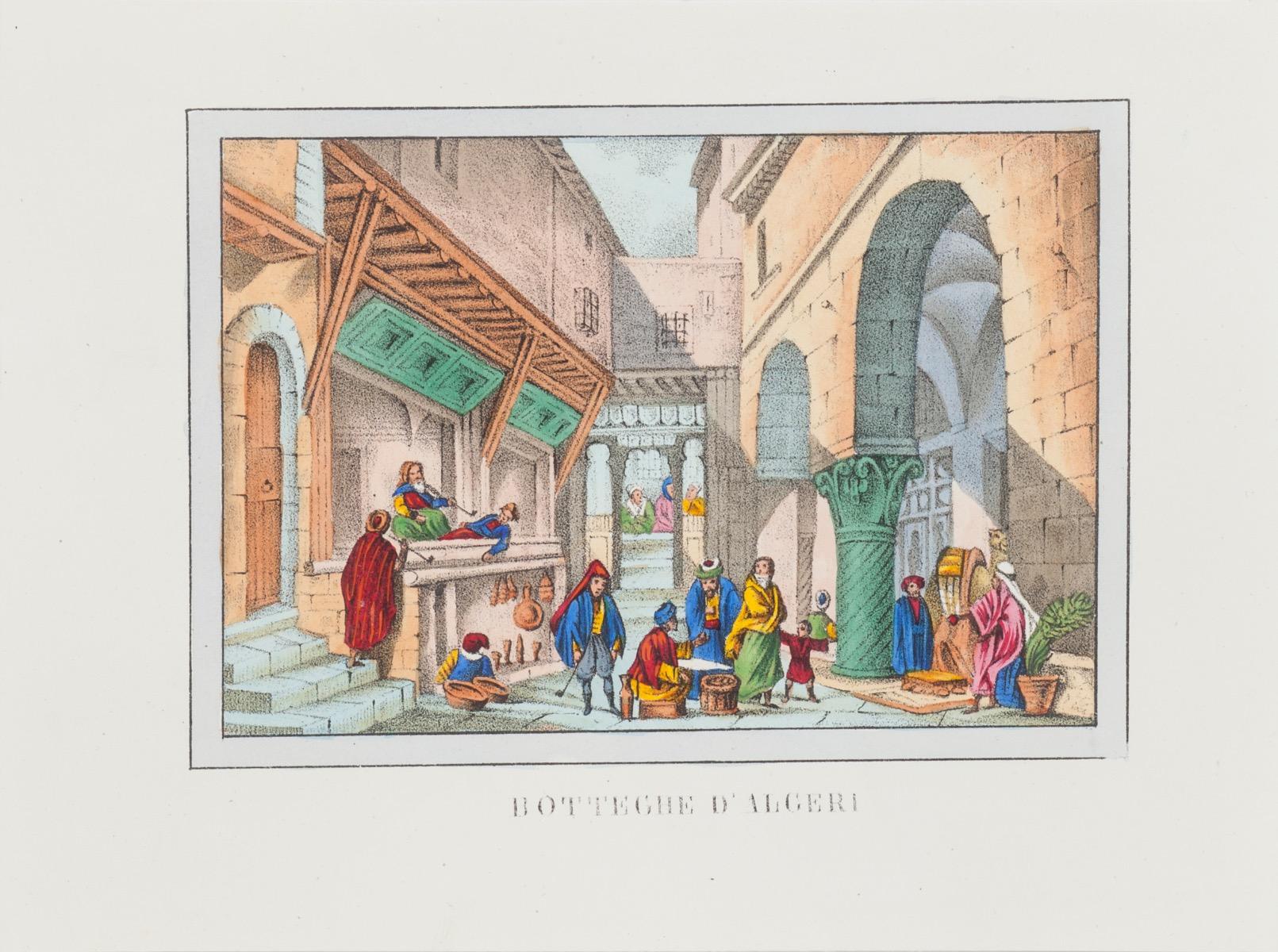 Figurative Print de Unknown - Bazar En Argelia - Litografía Original - 1846