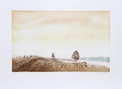 Frente a la playa, aguafuerte surrealista de Hank Laventhol