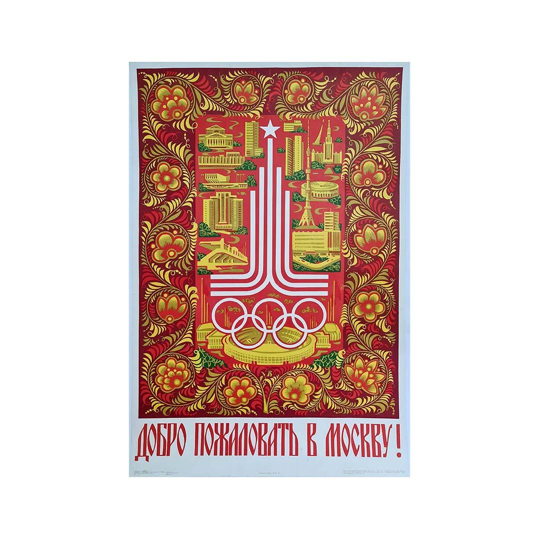 Beautiful Soviet poster of 1979 announcing the Olympic Games of Moscow of 1980