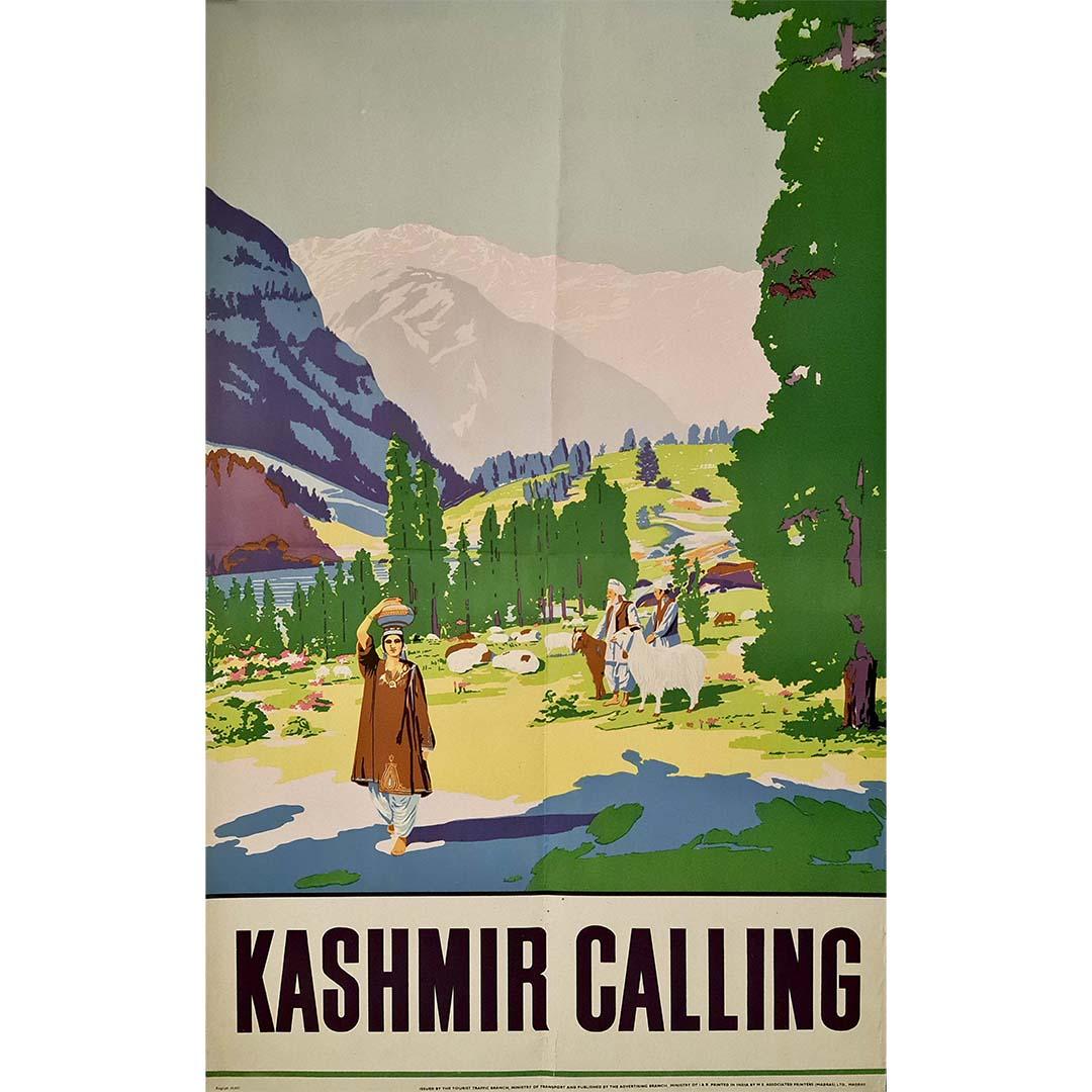 Belle affiche de voyage des années 1950 pour la région du Cachemire. Le Cachemire est une région montagneuse du sous-continent indien. Depuis la partition de l'Inde et la disparition de l'État princier du Jammu-et-Cachemire, l'ensemble du territoire