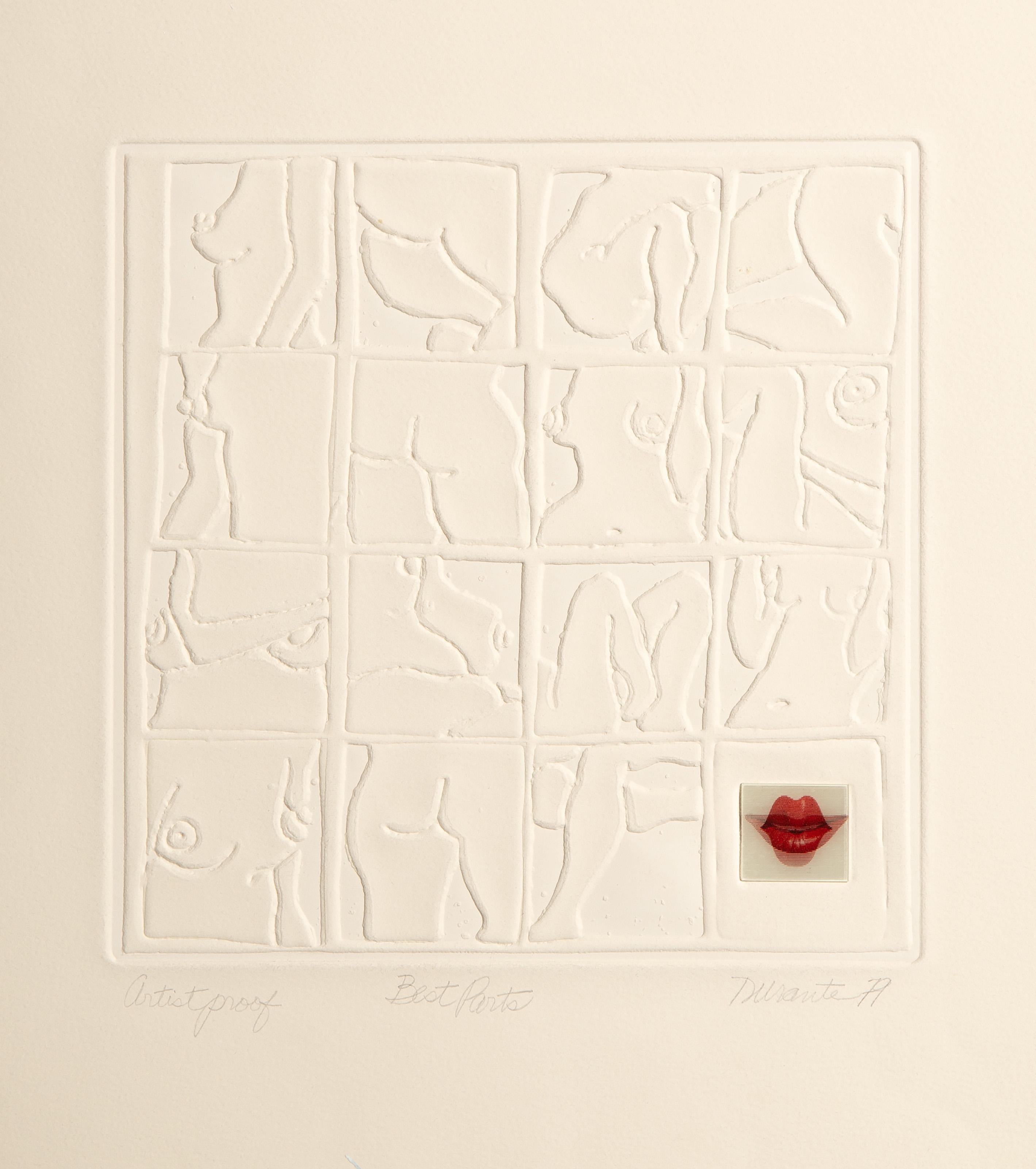 Joe Durante -  Best Parts. Year: 1979, Medium: Blind-Embossed Intaglio, signed, titled, numbered and dated in pencil, Edition: AP, Image Size: 9.5 x 9.5 inches, Size: 22 x 15 in. (55.88 x 38.1 cm) 
