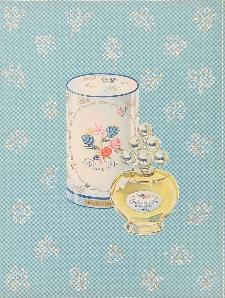Charming detailed lithographs published by Draeger, Paris 1947 for the perfume house Bienaimé. Printed in colours and highlighted in gold and silver on embossed paper. Some with applied labels. Rare.

Sheet size: 225 x 300mm (8.75 x 11.75)
Framed