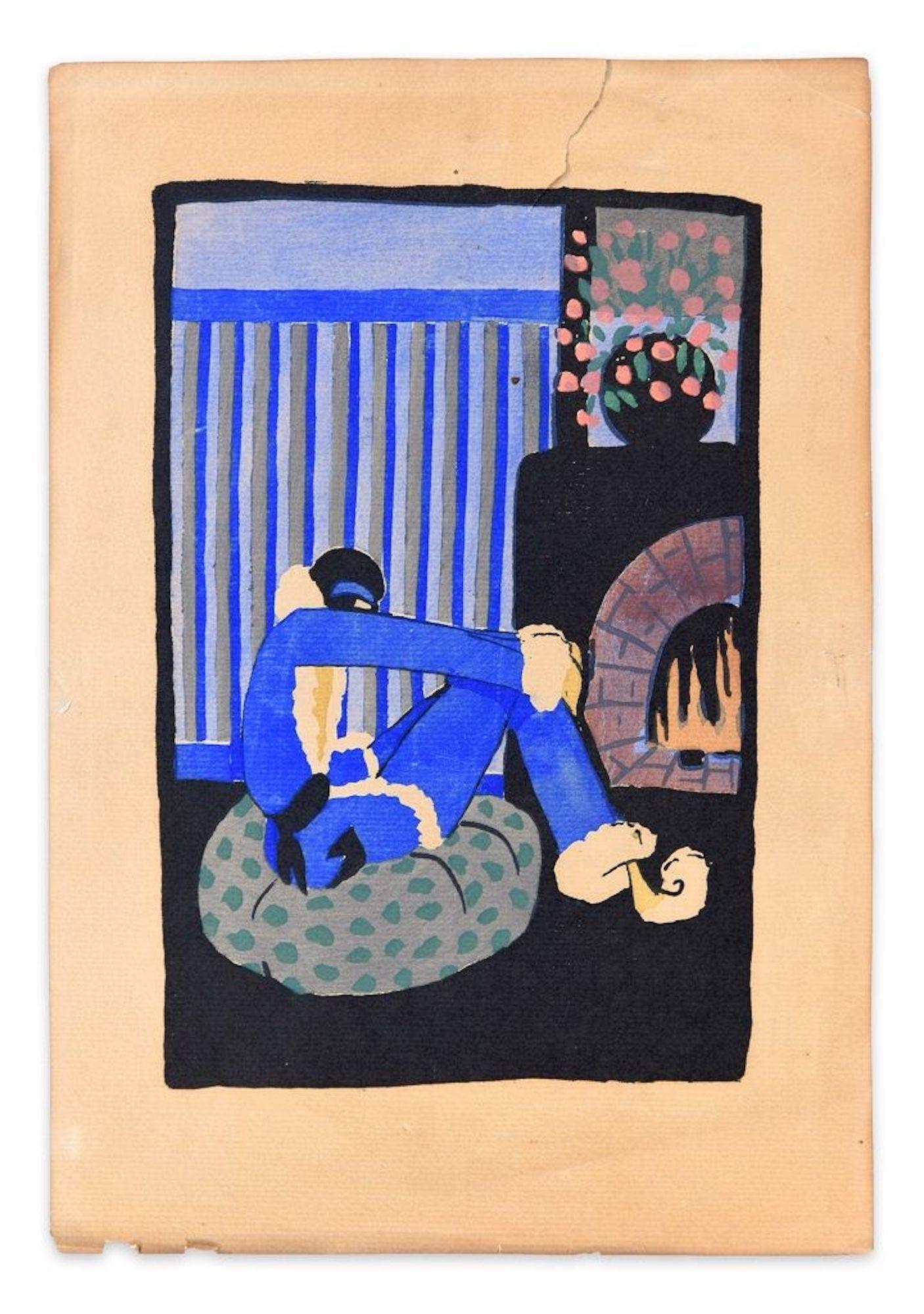 Figurative Print Unknown - Peinture sur bois de Noël bleue colorée à la main en Tempera sur papier - Art déco - années 1920
