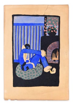 Peinture sur bois de Noël bleue colorée à la main en Tempera sur papier - Art déco - années 1920