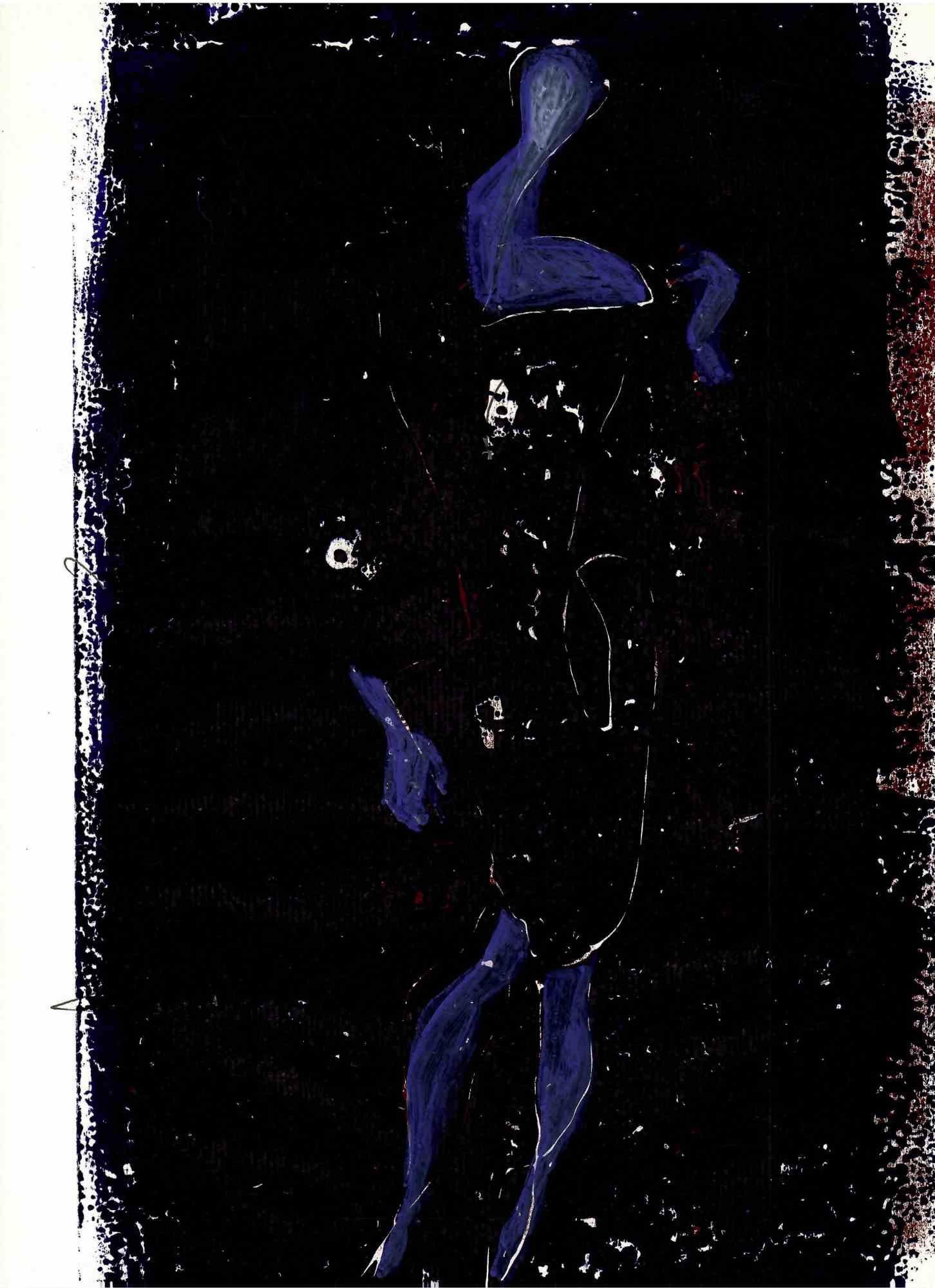 Unknown Abstract Print – Blaue blaue Figur in der dunklen Nacht - Originallithographie - 1970er Jahre