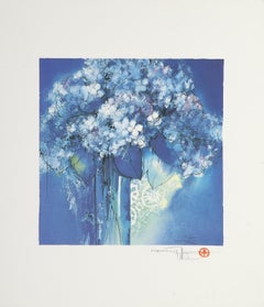 Blue Flowers, Art Nouveau Lithograph by Osamu Tatematsu