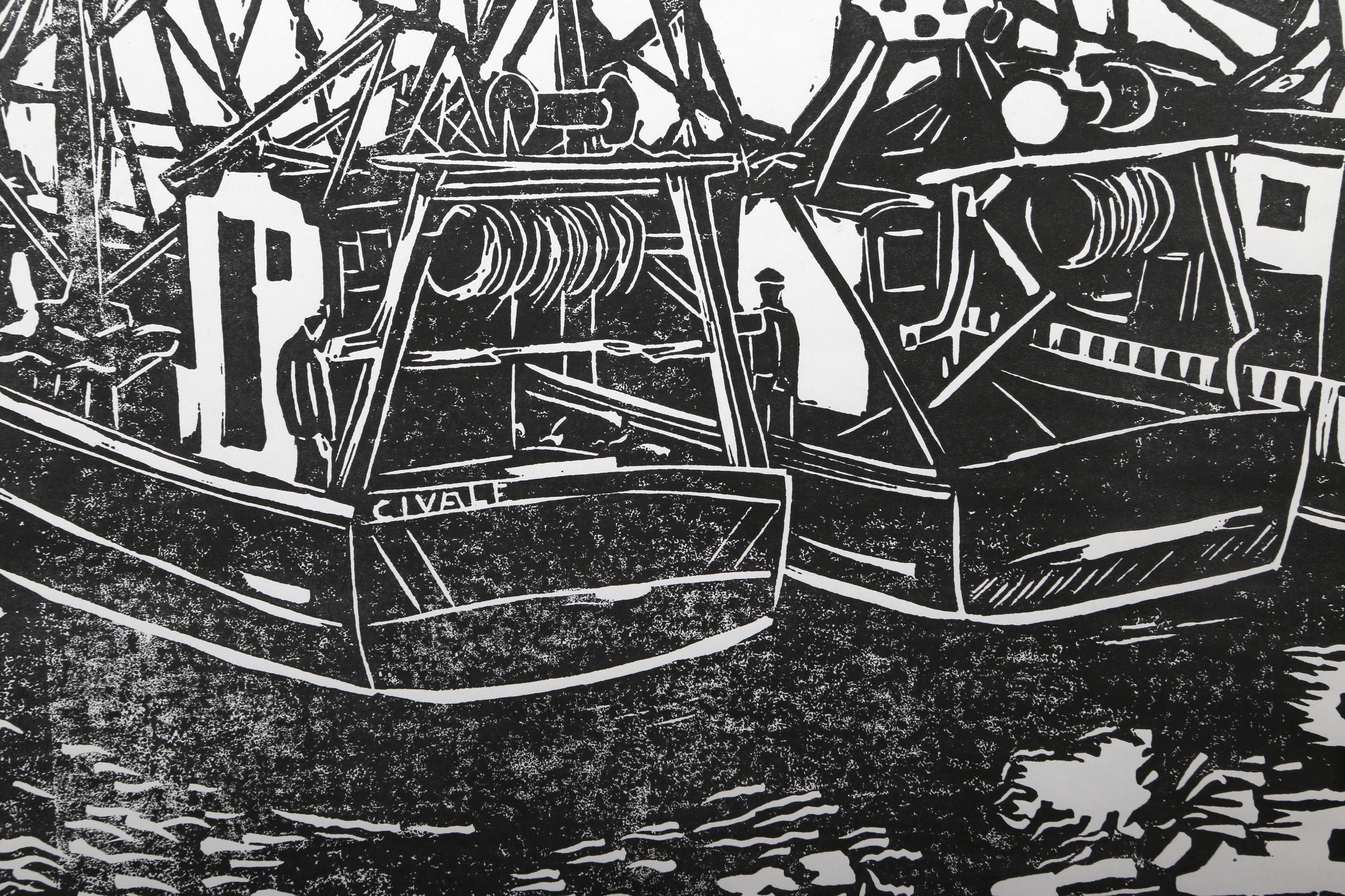 Boats at La Rochelle, Modern Linocut on Tissue Paper by Biagio Civale - Print by Unknown