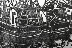 Boats at La Rochelle, Modern Linocut on Tissue Paper by Biagio Civale