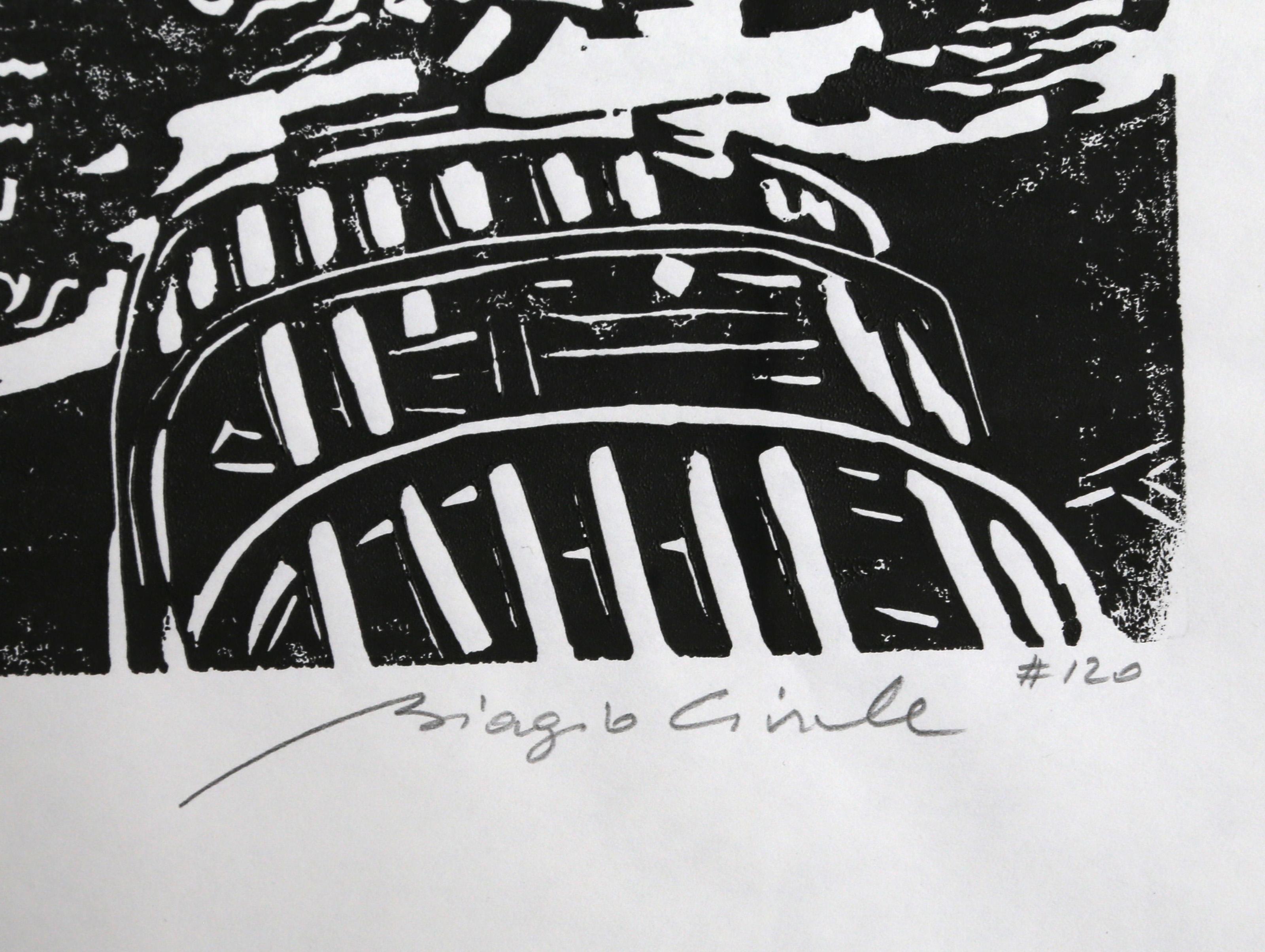 Biagio Civale, Italian/American (1936 - ) - Boats at La Rochelle, Medium:  Linocut on thin tissue paper, Signed, numbered, and titled in pencil, Edition:  3/33, Image Size:  12 x 12 inches, Size:  22 x 16 in. (55.88 x 40.64 cm)