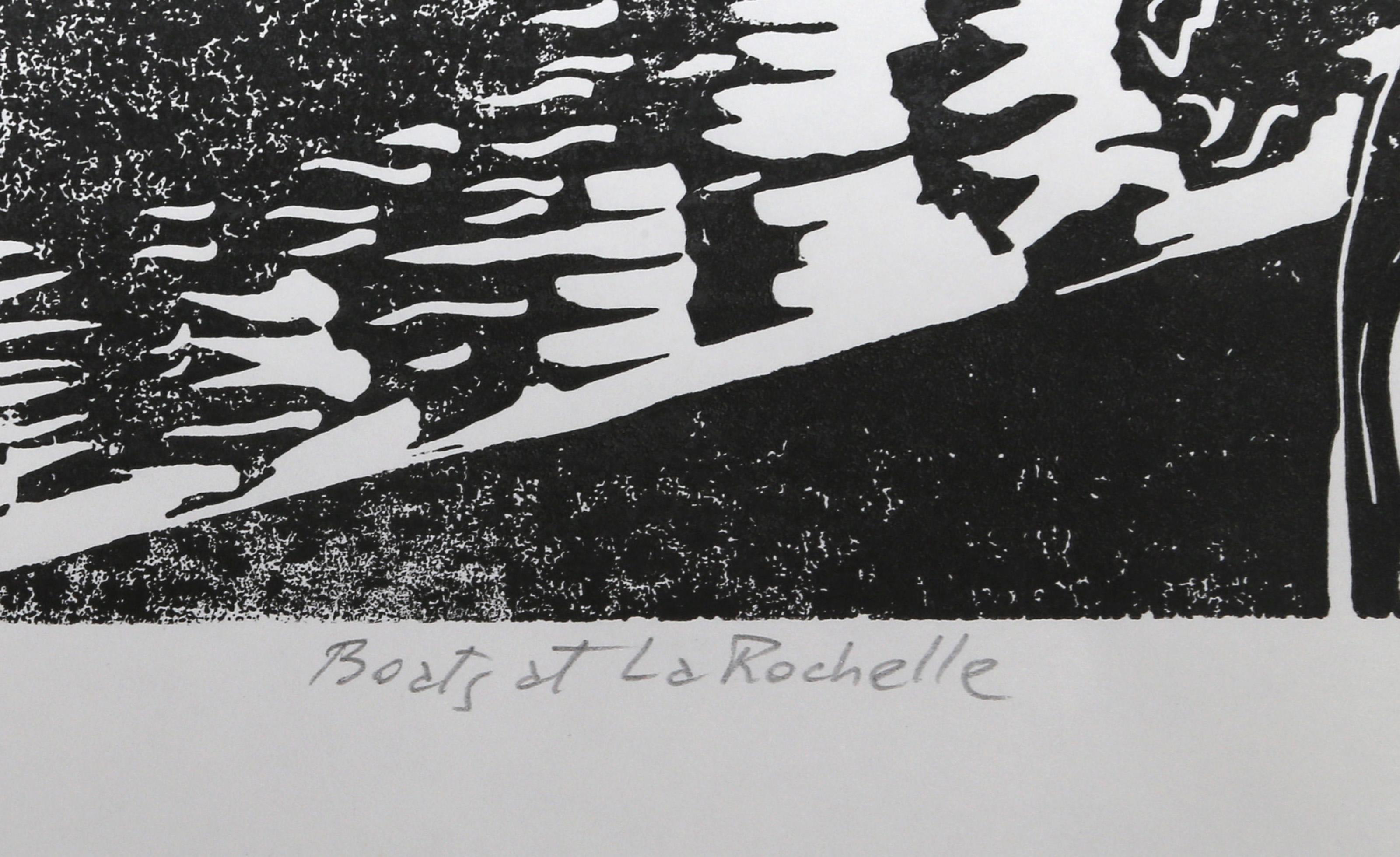 Boats at La Rochelle, Modern Linocut on Tissue Paper by Biagio Civale For Sale 1
