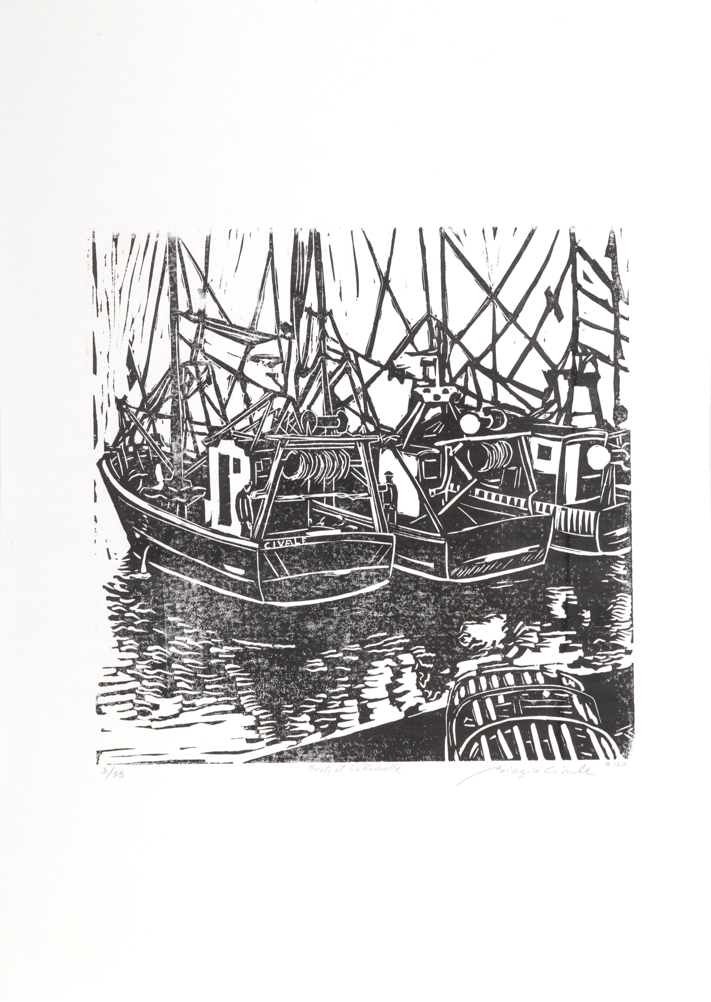 Unknown Landscape Print - Boats at La Rochelle, Modern Linocut on Tissue Paper by Biagio Civale
