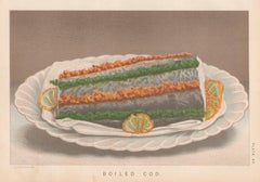 Boiled Cod, English late Victorian food cookery cooking chromolithograph, c1895