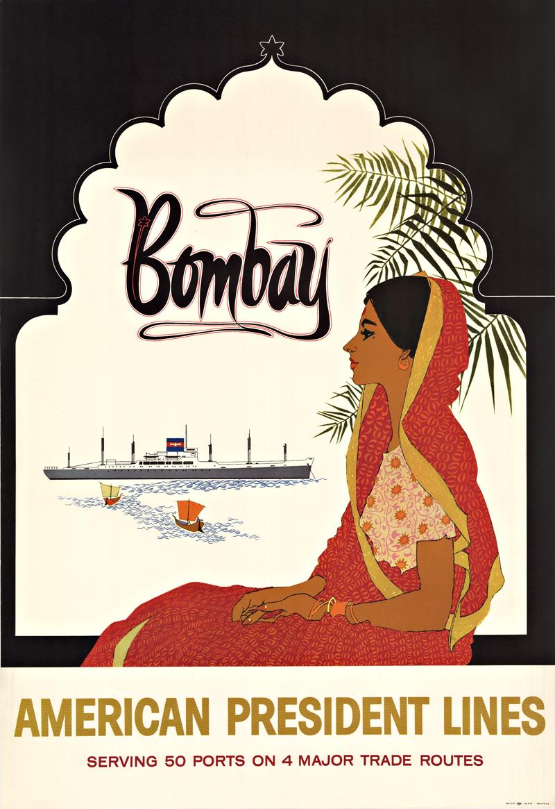 Unknown Portrait Print - Bombay American President Lines original vintage cruise poster