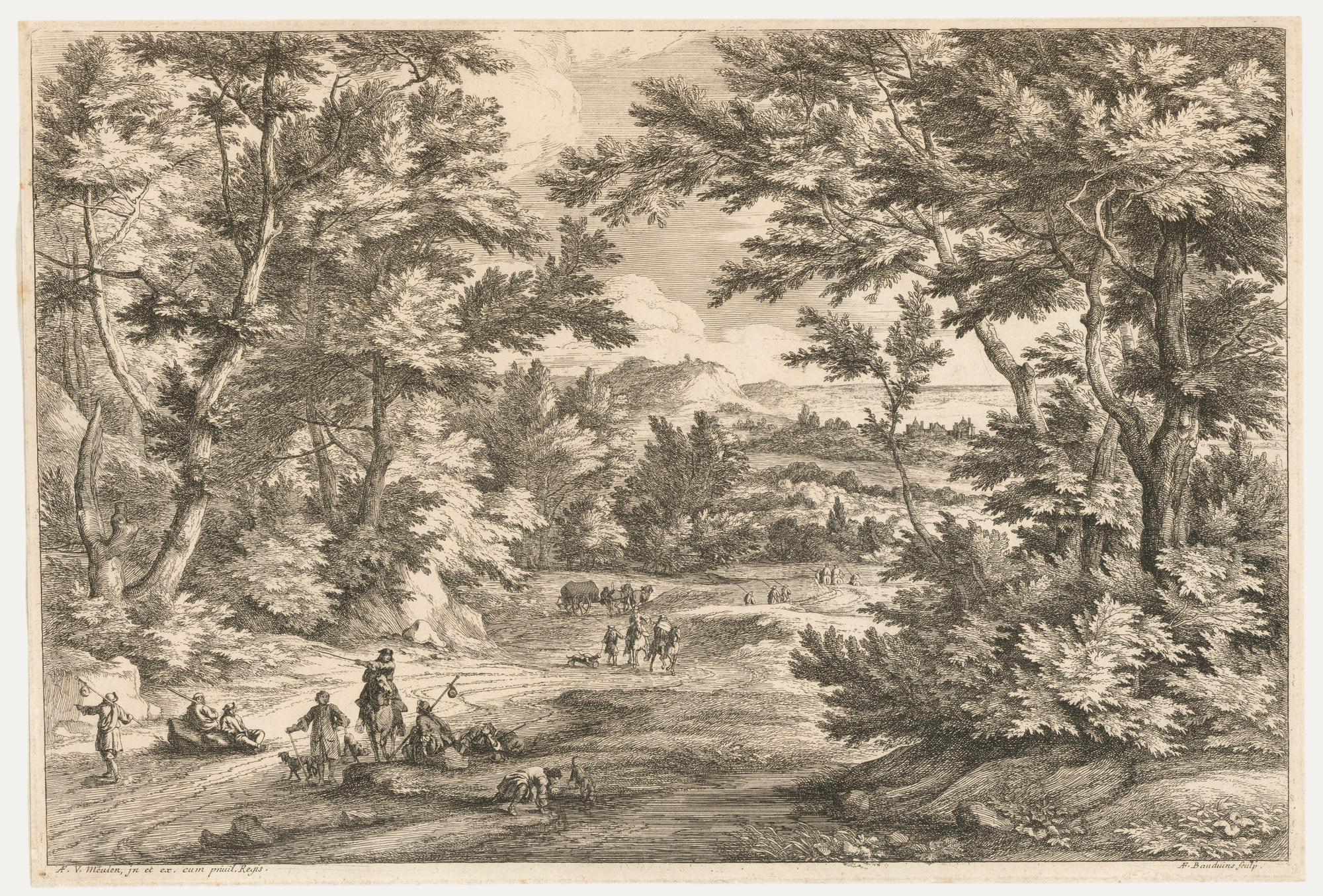 Landscape Print di Unknown - Boudewyns dopo Meulen - Acquaforte del XVII secolo, La strada della valle