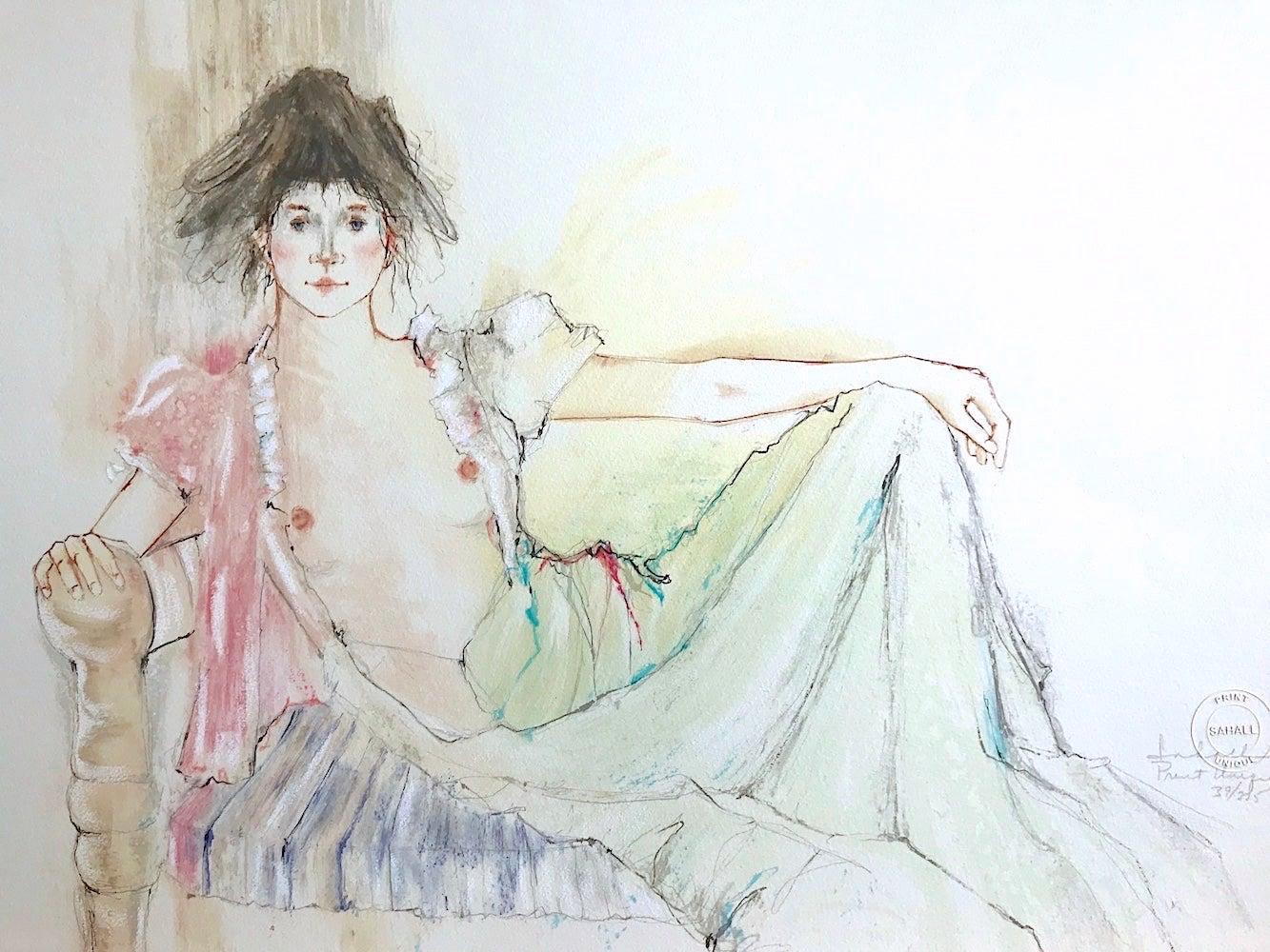 Unknown Interior Print - BOUDOIR POSE Signed Hand Colored Lithograph, Reclining Young Woman, Semi Nude